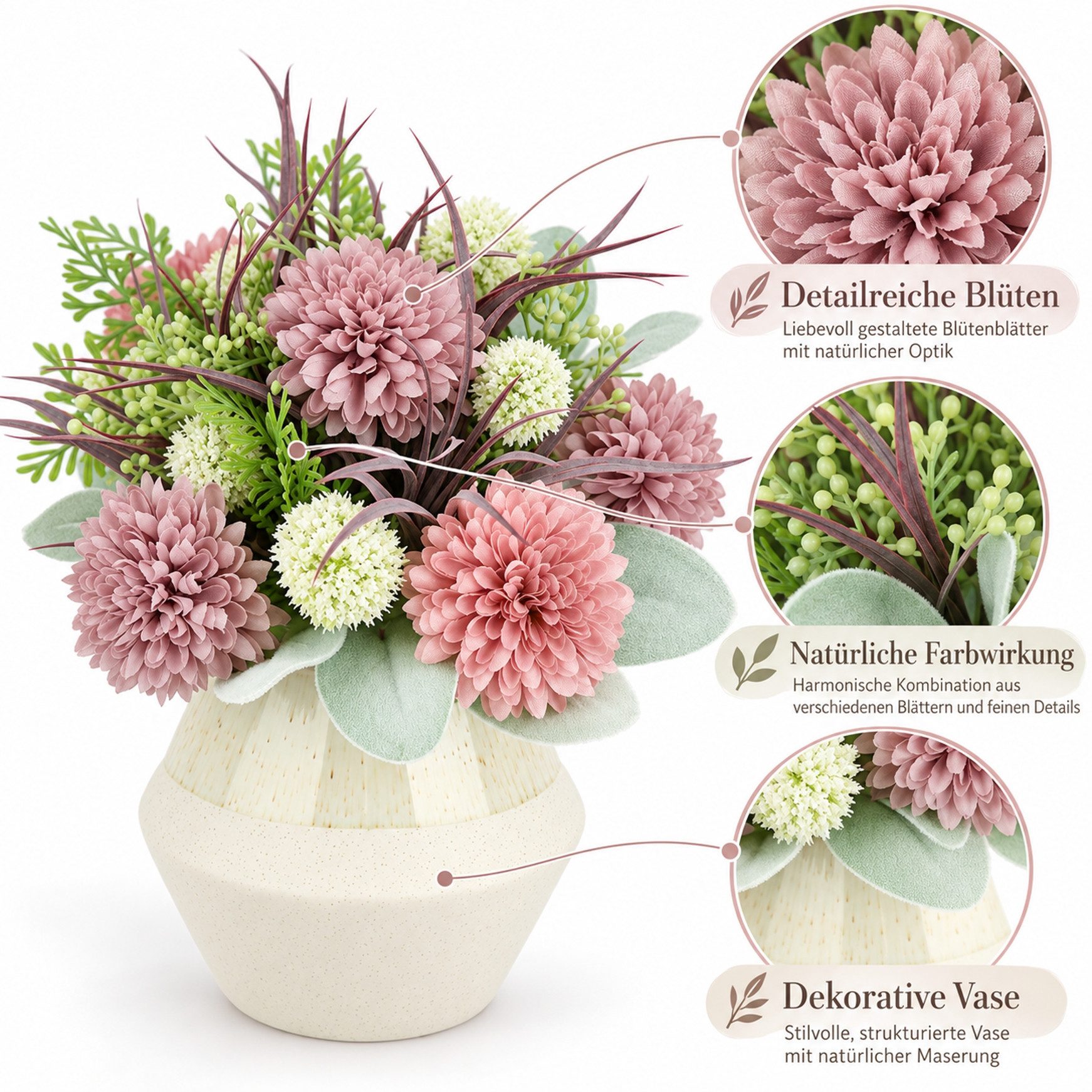 Kunstblume Gesteck aus Dahlien und Allium, I.GE.A., Höhe 21 cm – Bild 3 von 4