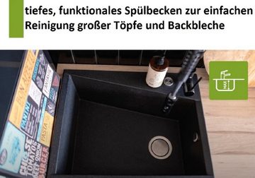 KOLMAN Küchenspüle Einzelbecken Komodo Granitspüle, Rechteckig, 49/63 cm, Schwarz, Space Saving Siphon GRATIS