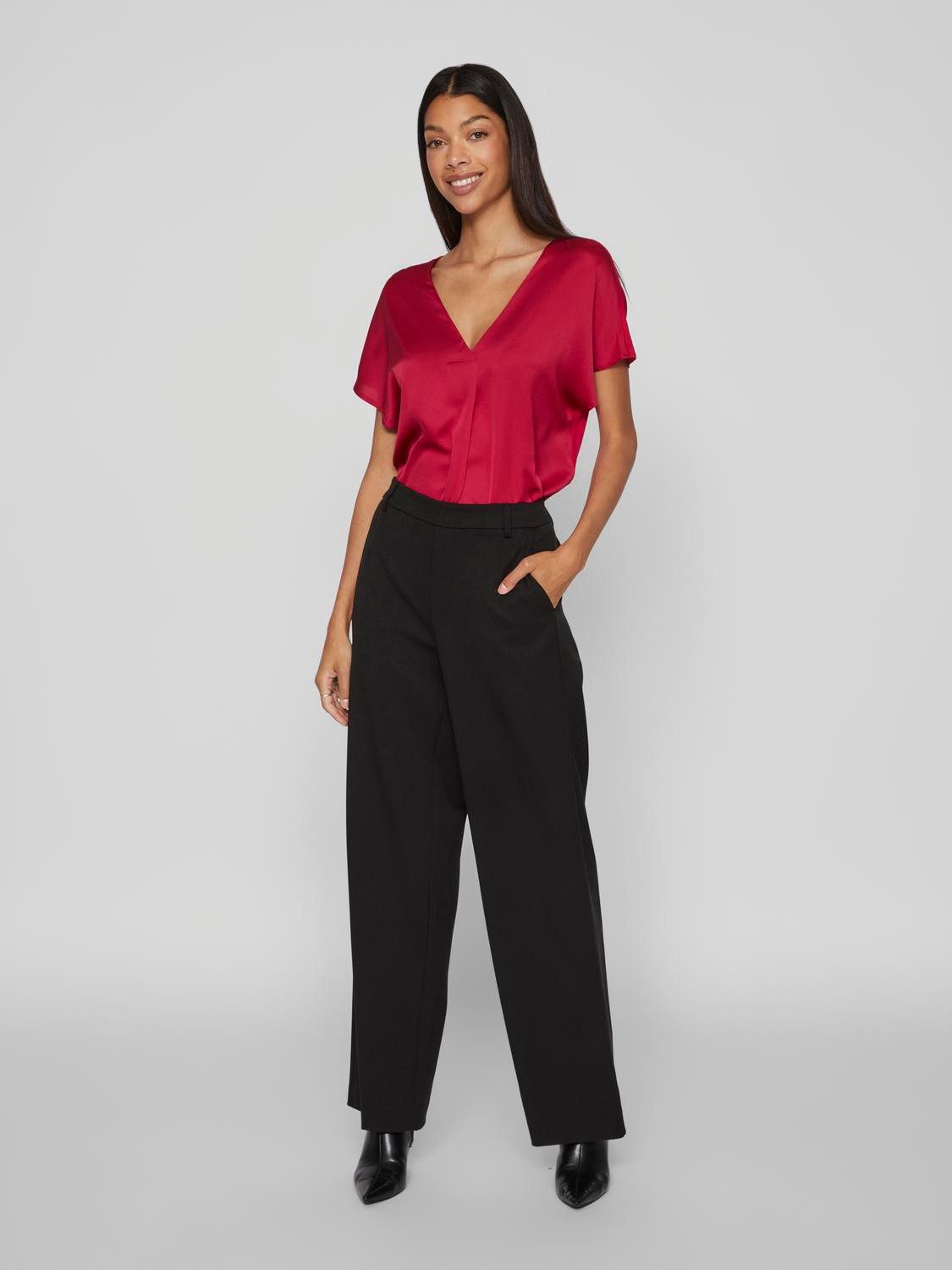 Vila Blusenshirt Satin Blusen Glänzendes Kurzarm Oberteil für Damen Recyceltes Material nachhaltig Normal Fit V-Ausschnitt Kurzarm
