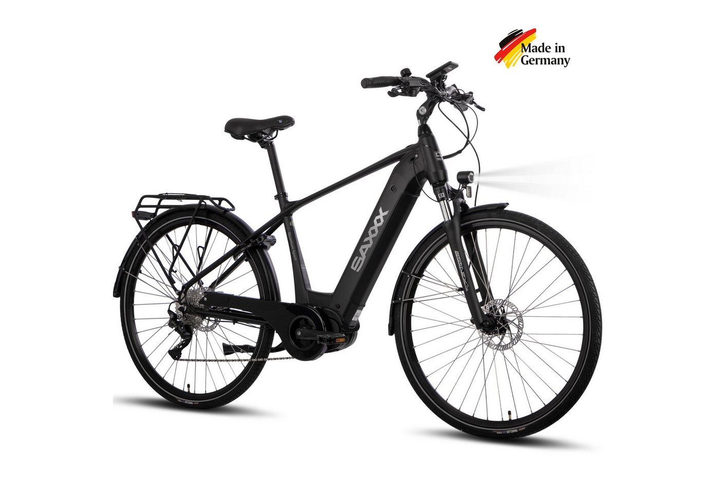 SAXXX E-Bike Trekkingrad 28 Zoll für Damen u. Herren, SAXXX QSD, 540Wh, max. 110km, 130kg, 10 Gang SHIMANO Deore Schaltwerk, Kettenschaltung, Mittelmotor, 540 Wh, (mit Akku-Schlüssel, mit entnehmbarem Akku, mit Gepäckträger), StVZO Pedelec, hydr. Scheibenbremsen, vormontiert zu 95 %