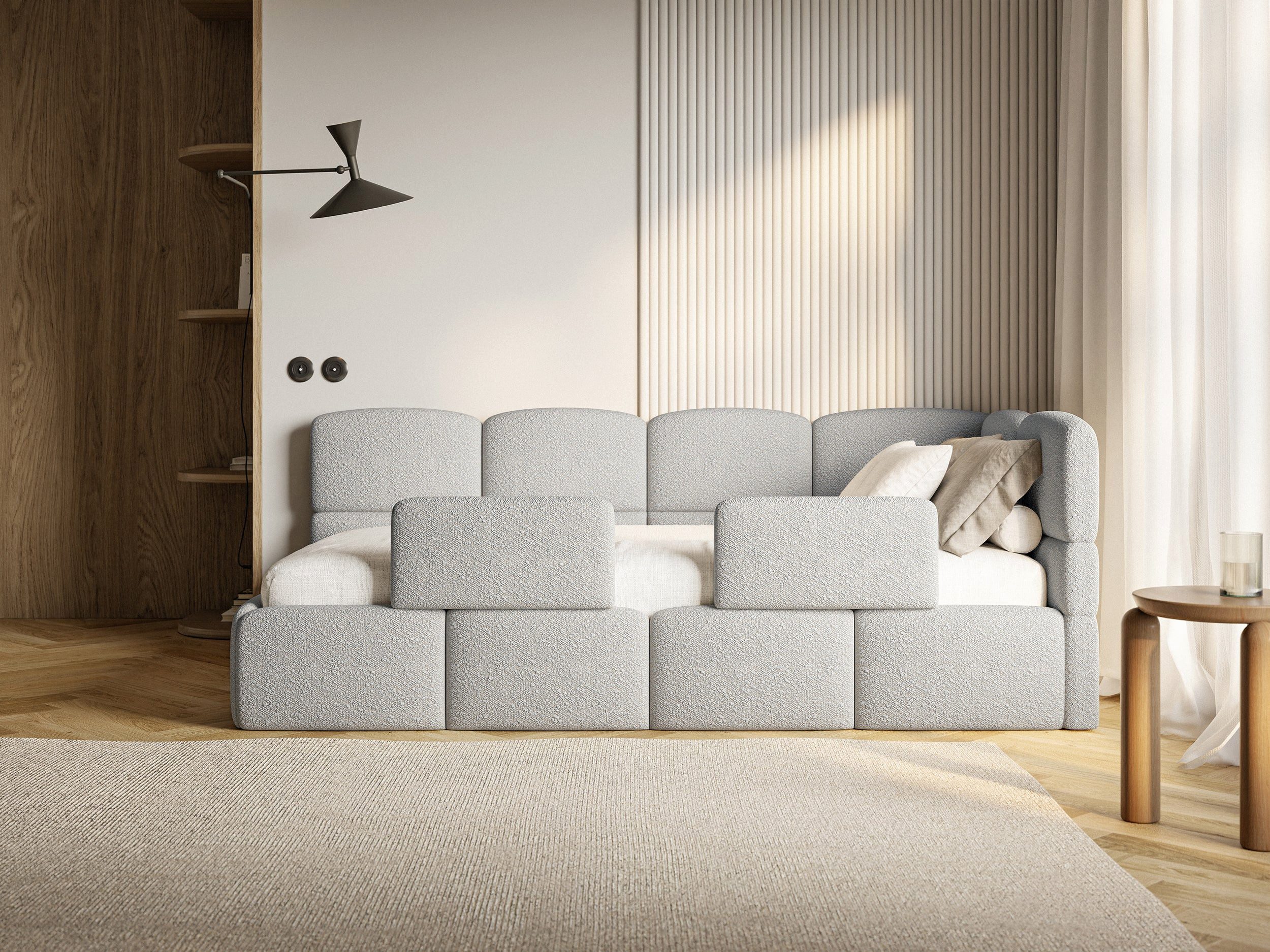 Selsey Kinderbett CLOUDY, Matratze, Stauraum, Eckkopfteil und Lattenrost, Bouclé, 120x200 cm