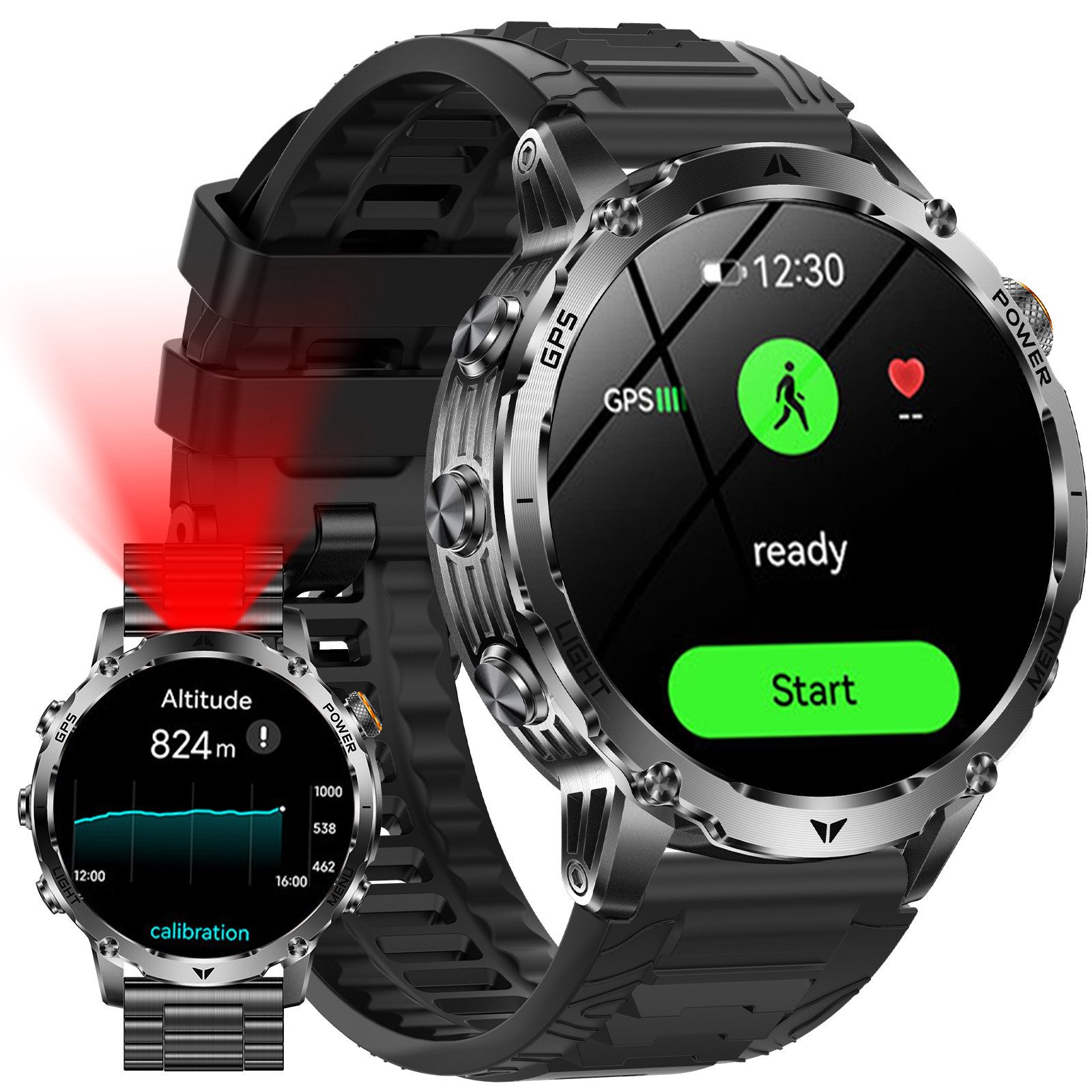 SWGOTA 1500mAh Smartwatch Herren mit GPS integriert,24/7 Pulsuhr,SpO₂,Militär Smartwatch 1,8"AMOLED Fitness Tracker mit Schlafmonitor,100+Sportmodi,Kompass, Barometer,Höhenmesser,LED Taschenlampe, IP68 Sportuhr Outdoor