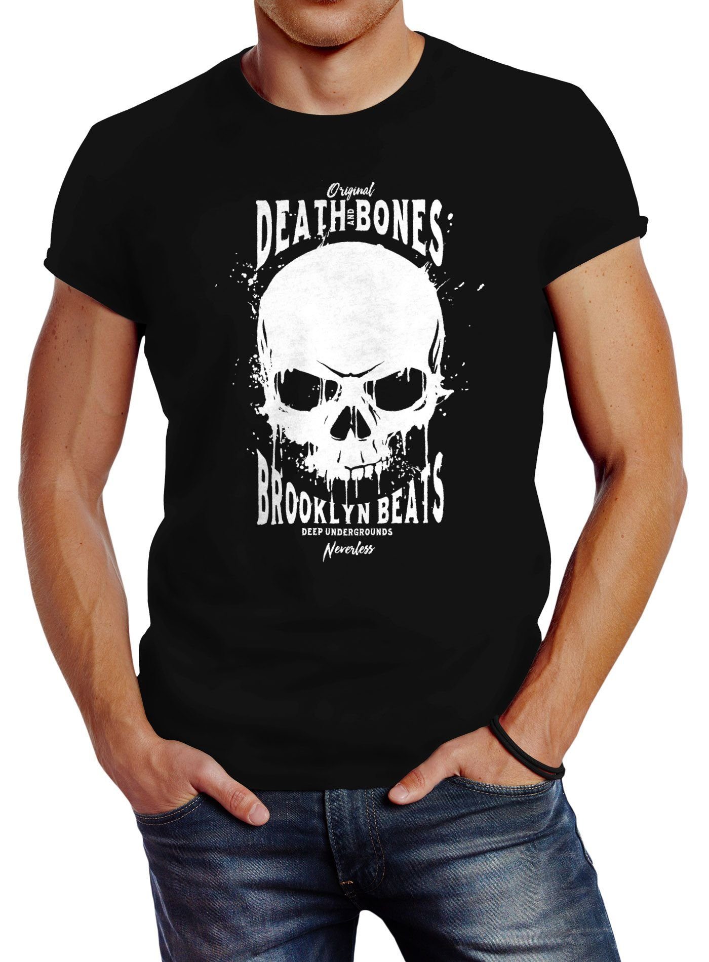 Neverless® Bones Print-Shirt Print Slim Death Logo Herren Skull mit and T-Shirt Techno Neverless schwarz Fit