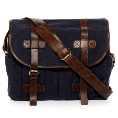 SID & VAIN Messenger Bag Canvas & Leder Umhängetasche Unisex CHASE, Laptoptasche 15 Zoll Echtleder, Businesstasche Damen Herren blau-braun