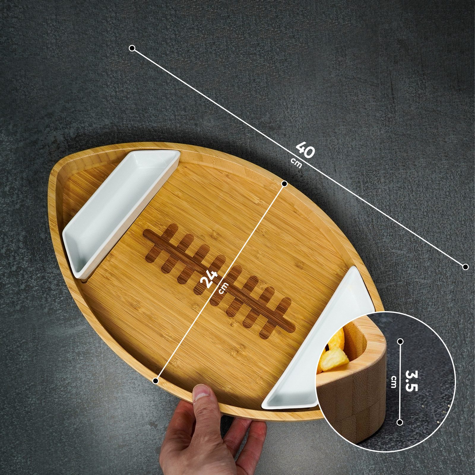 40YARDS Servierteller American Football Bambus Teller mit 2X Keramik Dipschalen, Bambus, (3-tlg), XXL Holz Schale/Schüssel (40 x 24 cm)
