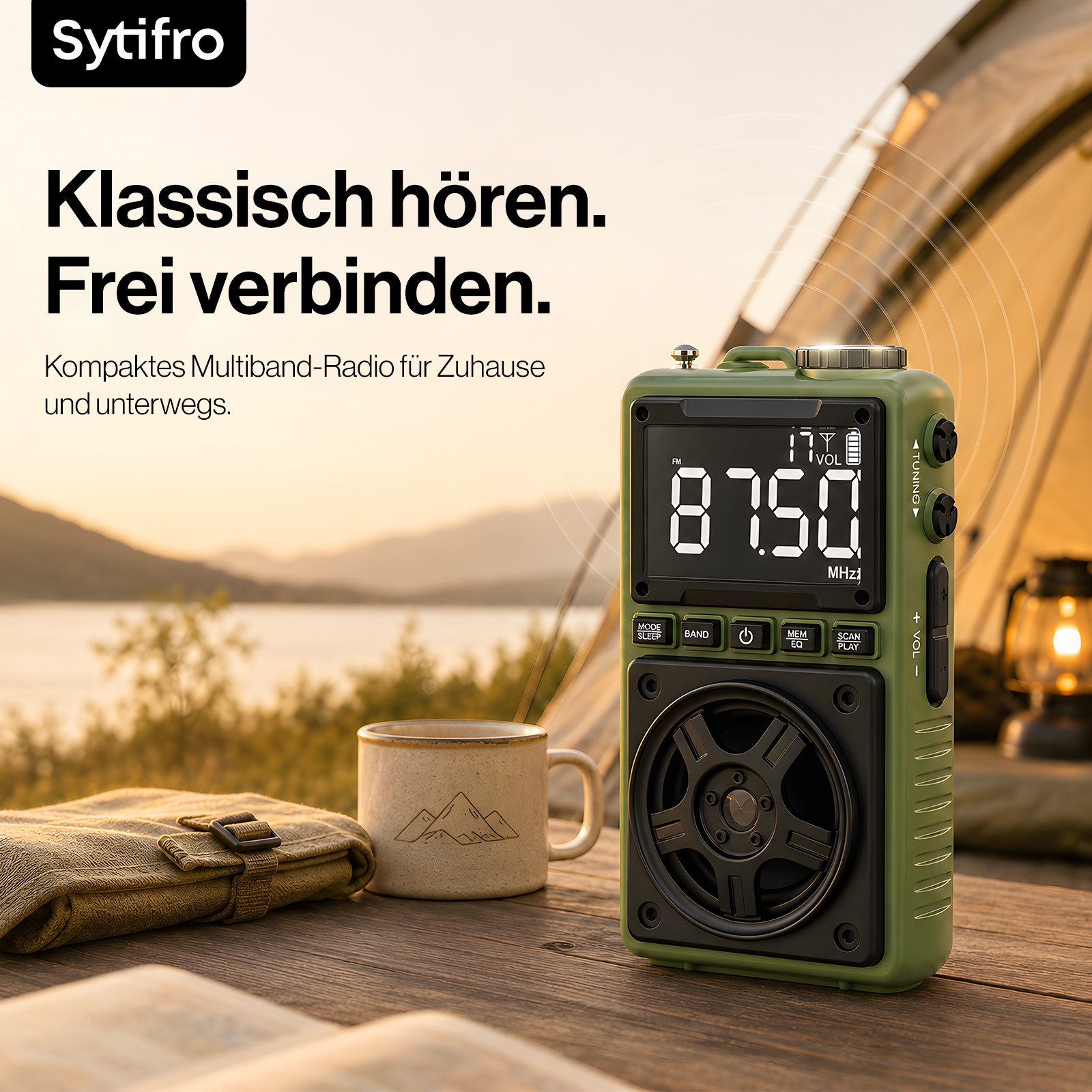 Sytifro Bluetooth Radio mit Lautsprecher, Tragbares FM AM SW Radio (Retro Radio mit LED Licht, wiederaufladbarer Akku, 4 W, USB-C Laden, TF Karte Wiedergabe, Outdoor Radio für Camping und Reisen)