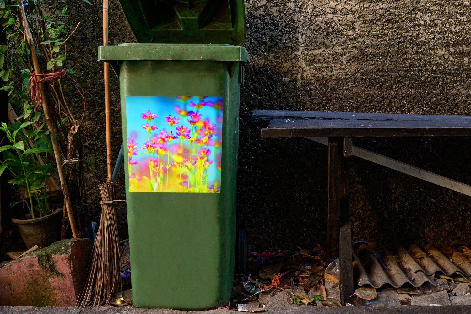 MuchoWow Abfalbehälter (1 Kunst Wandsticker Mülltonne, Sticker, - Mülleimer-aufkleber, Container, St), - Psychedelisch Blumen