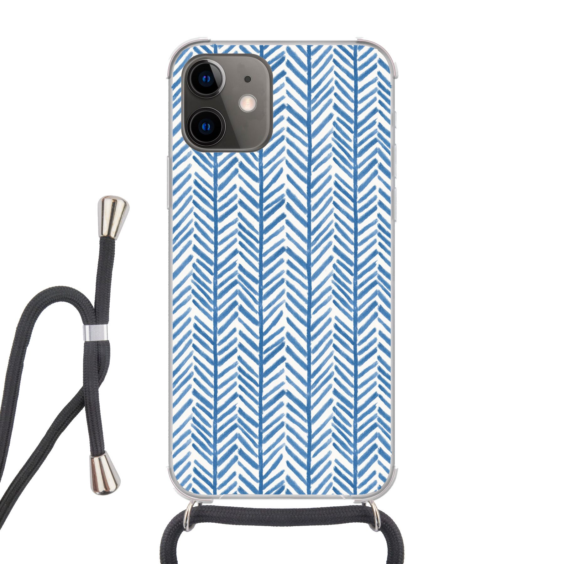 MuchoWow Handyhülle für Apple iPhone 12 Muster - Gestreift - Blau, Tragbare Handyhüllen mit Kette zum umhängen, Handykette Handyband
