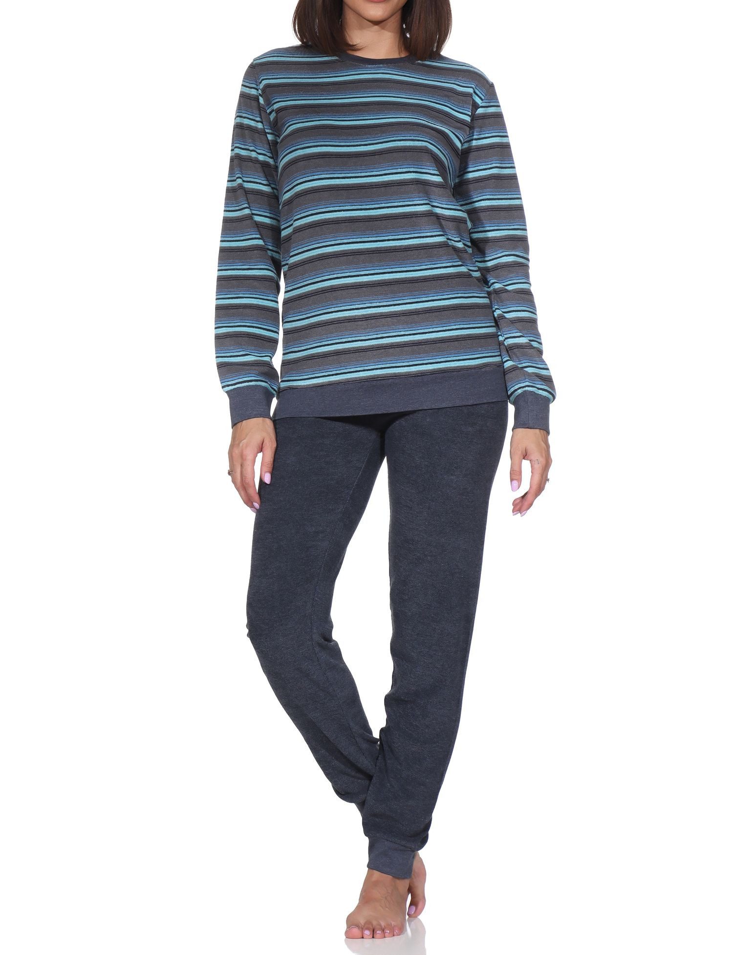 Normann Pyjama Damen Frottee Schlafanzug mit Bündchen in elegantem Streifendesign
