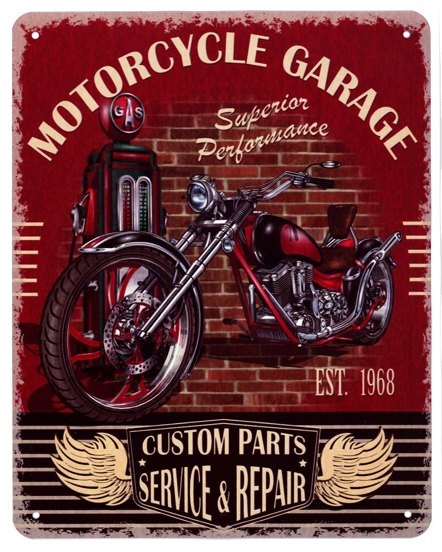 Metallschild Blechschild Motorcycle Garage Custom Parts Service & Repair