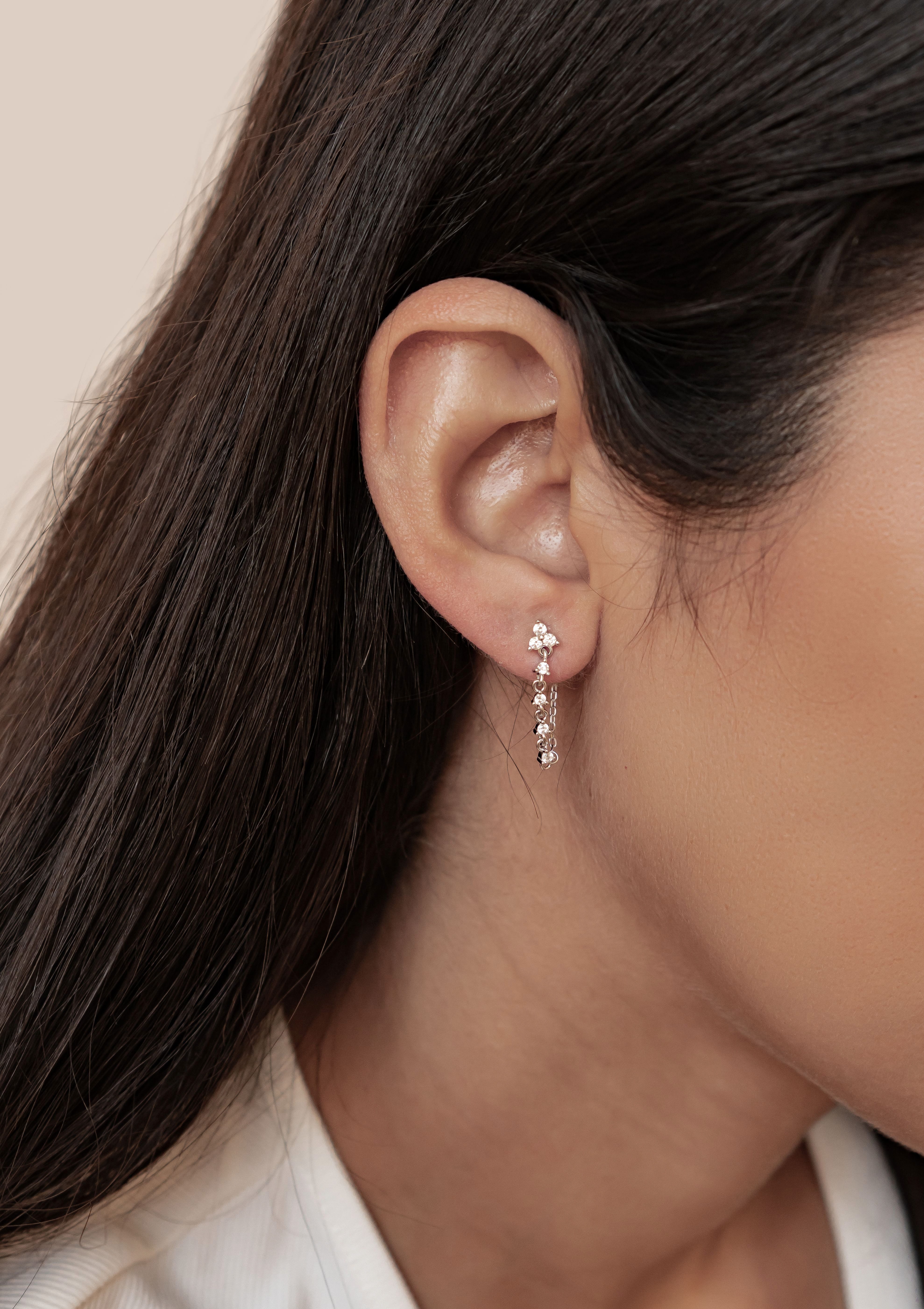 Hey Happiness Paar Ohrhänger Dreiblatt Ohrstecker mit Kette und Zirkonia, Edle 925 Silber Ohrringe Damen, Gold & Roségold