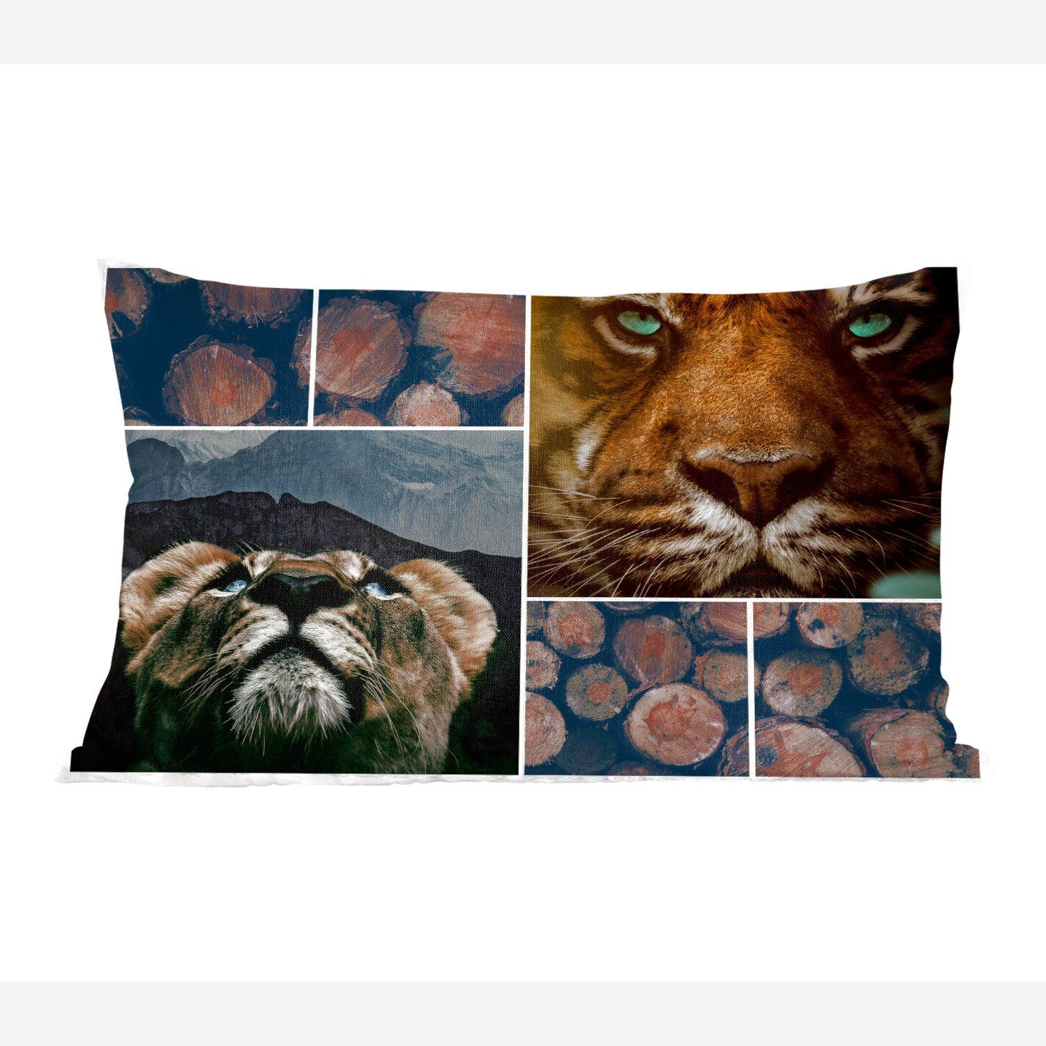 Schlafzimmer Tiger mit Holz, Zierkissen, Füllung, Wohzimmer Dekokissen MuchoWow - Dekoration, Dekokissen Collage -