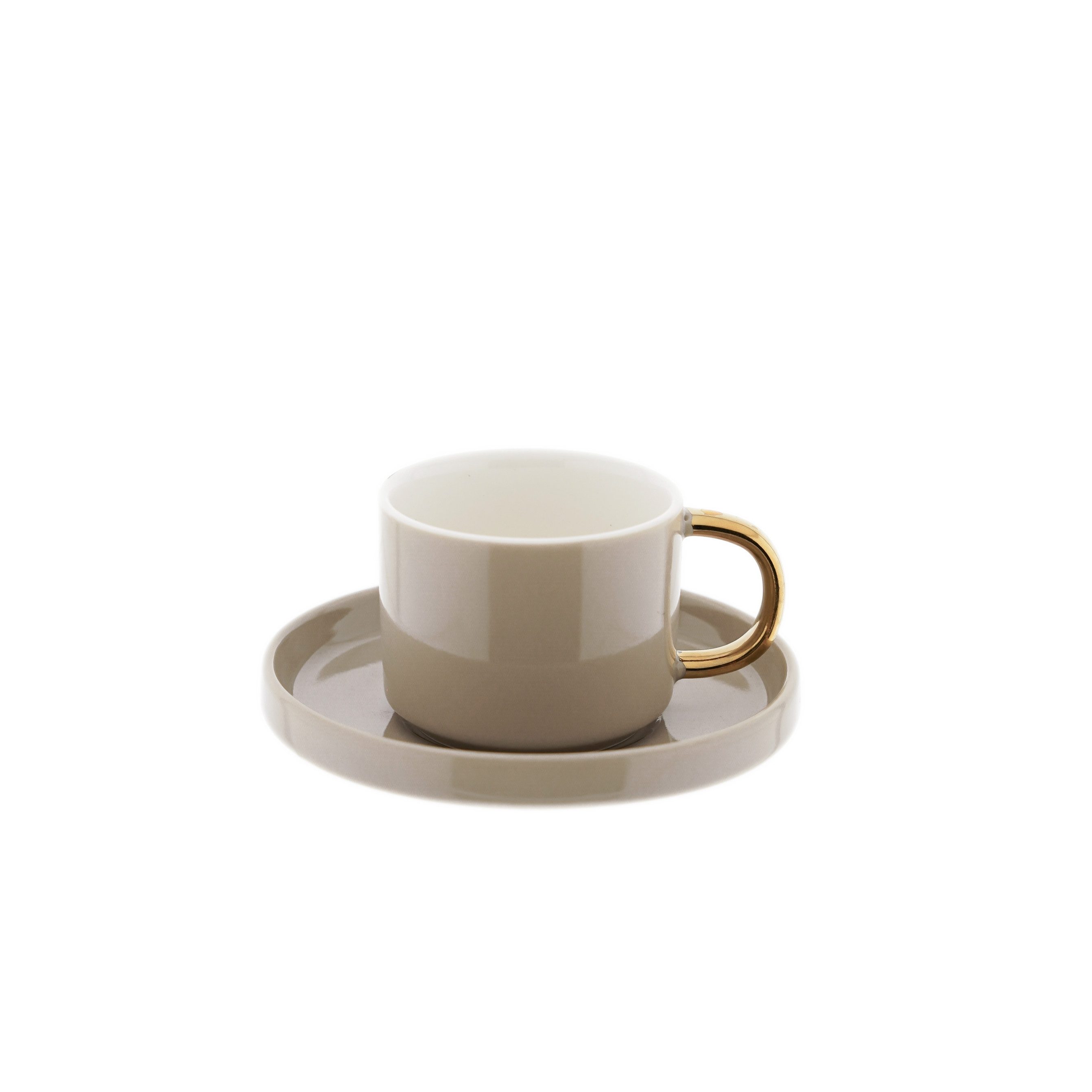 Mulex Kaffeeservice 12-tlg Mokkatassen Set aus hochwertigem Porzellan, 90 ml - Taupe/Gold (12-tlg), 6 Personen, Porzellan, 6x Mokkatassen, 6x Unertassen