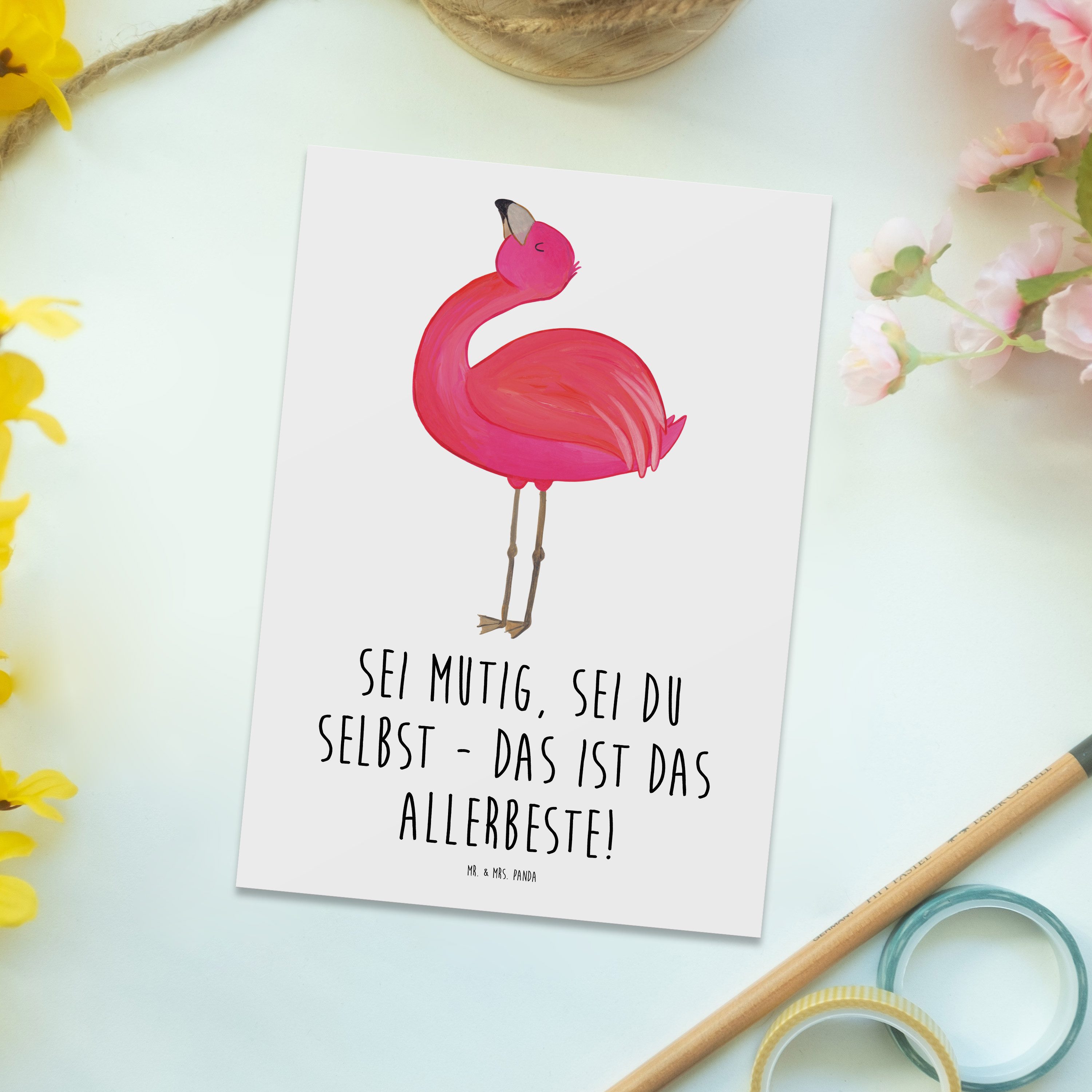 Thumbnail - Mr. & Mrs. Panda Postkarte Mutig zu sich selbst stehen - Weiß - Geschenk, Selbstvertrauen, du se