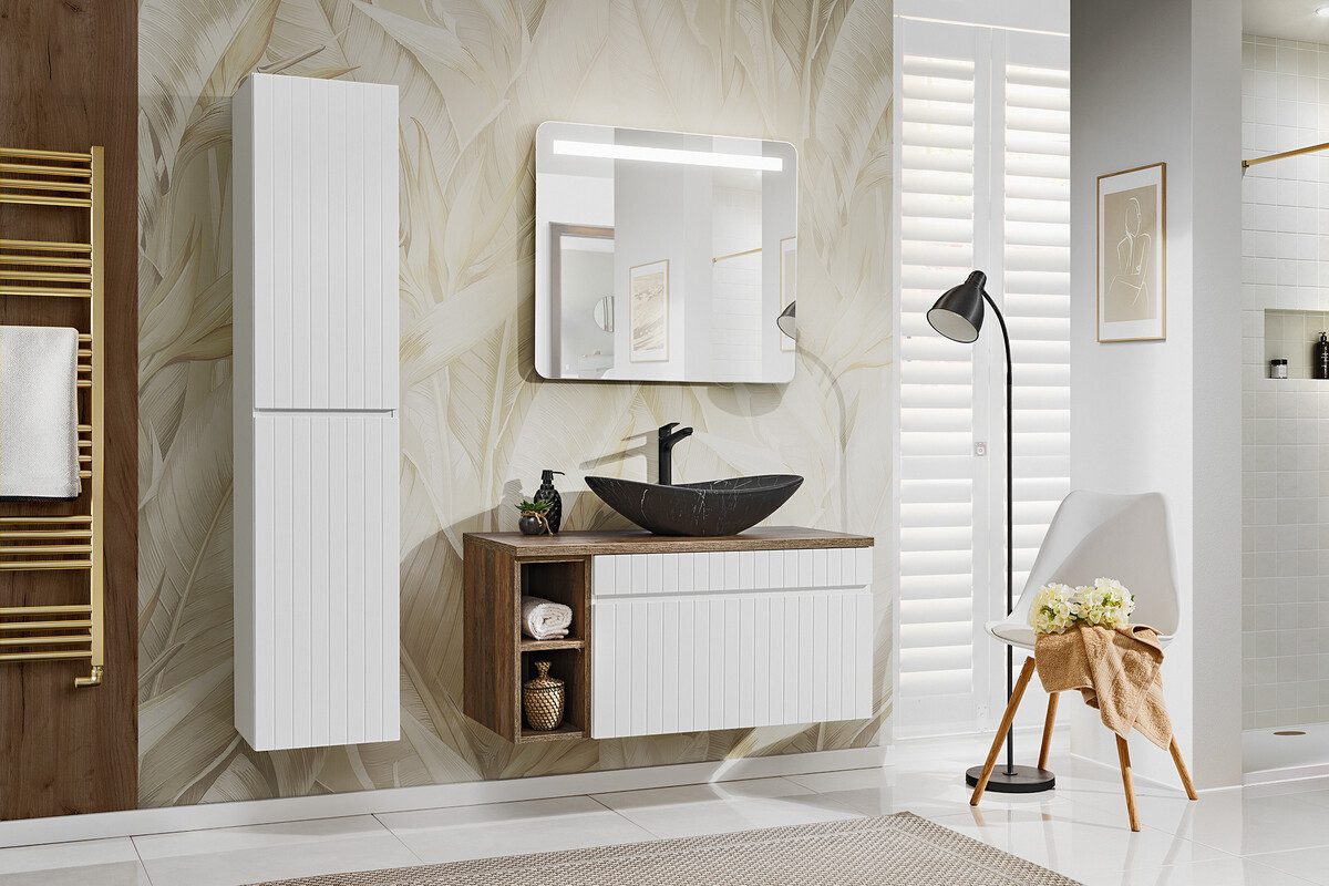 Badmöbel-Set "Halia" inkl : Waschbecken, Hochschrank, Badschrank und Spiegel, Led.