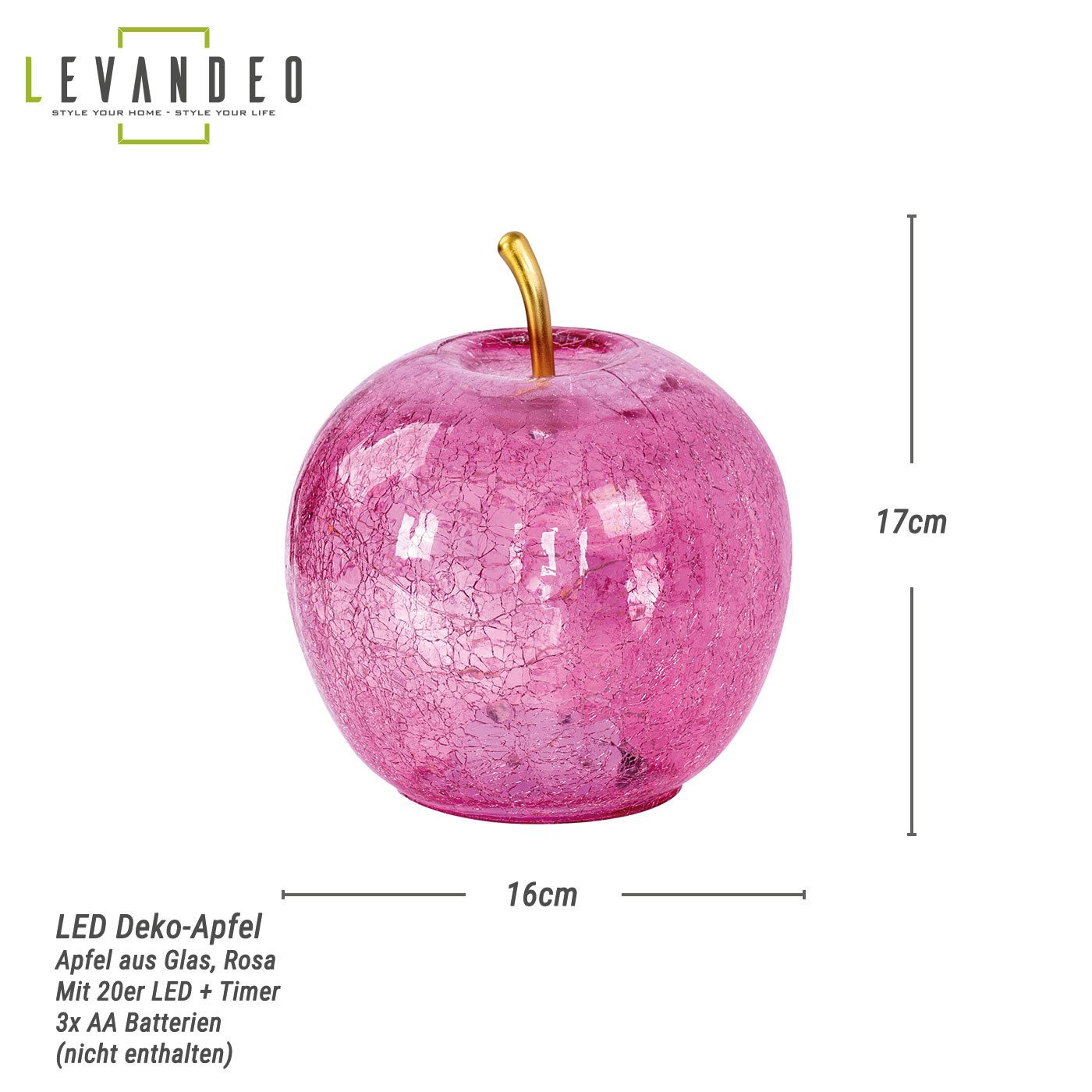 Levandeo® LED Dekolicht, LED Apfel H17cm Rosa Glas Dekolampe Timer Tischlam günstig online kaufen