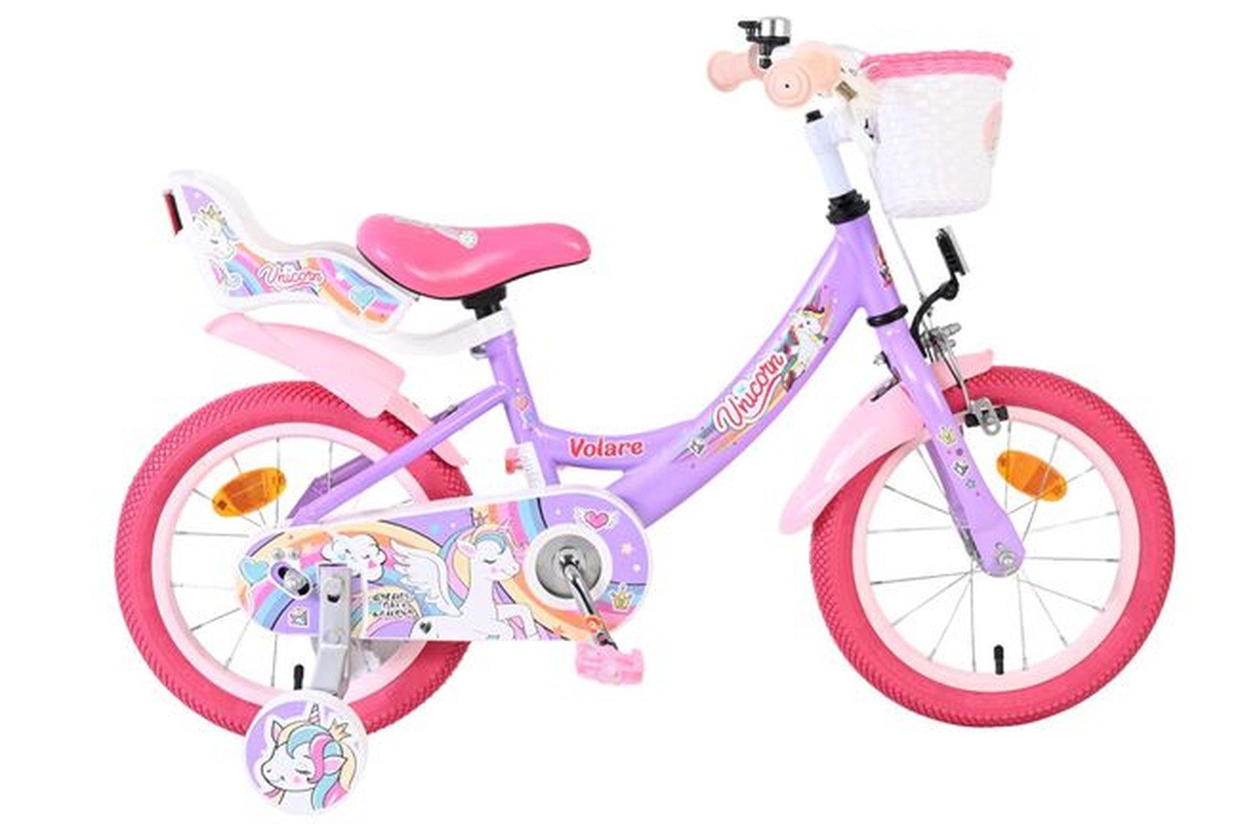 Volare Kinderfahrrad Unicorn für Mädchen 14 Zoll Lila mit Korb und abnehmbaren Stützrädern, Rücktrittbremse und Handbremse, verstellbarer Sattel und Lenker (45