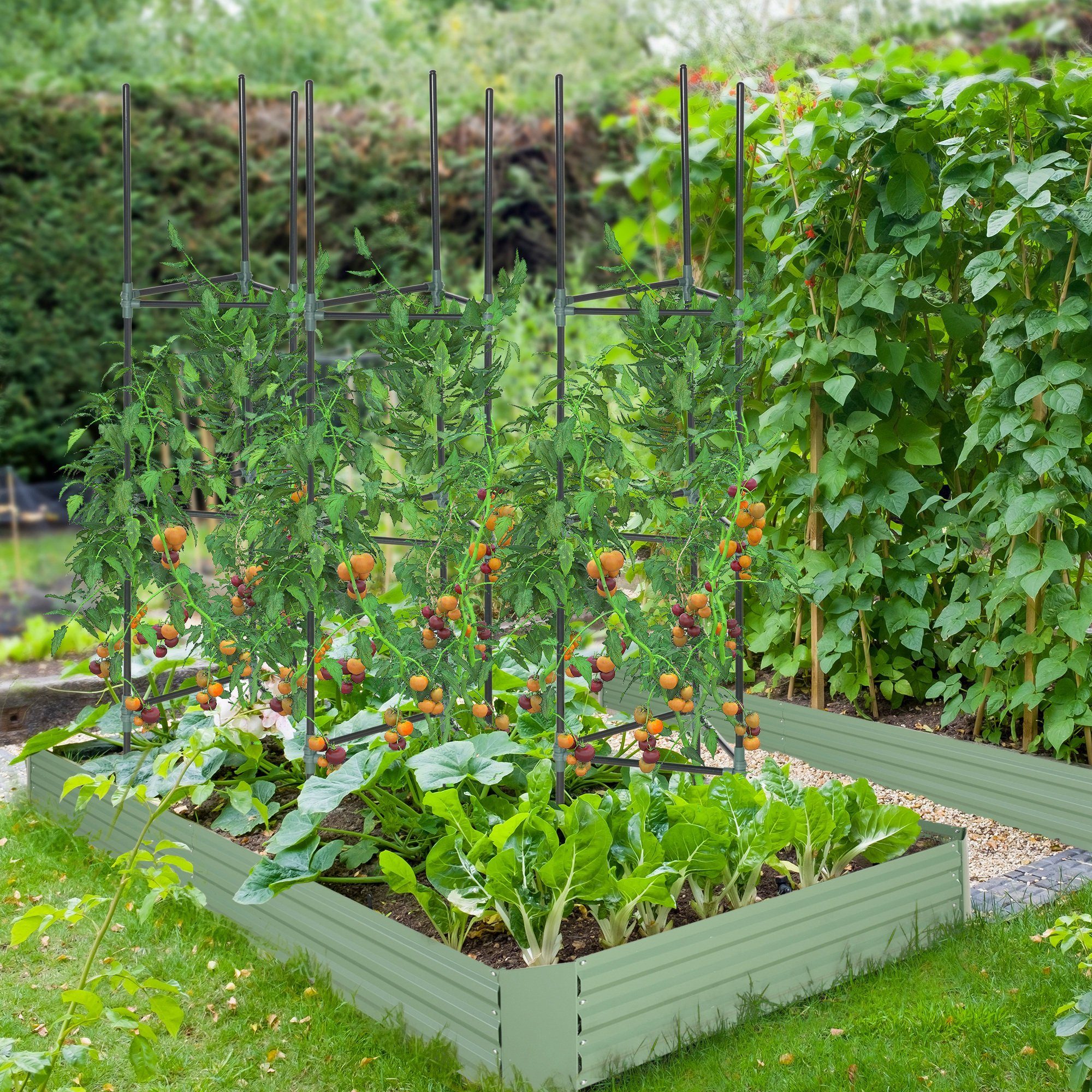 Outsunny Rankhilfe 3er-Set, Pflanzengitter, modulares Design, für Außen und Innen Ranksäule, 3 St., Tomatenkäfig, für Garten, Balkon, Dunkelgrün