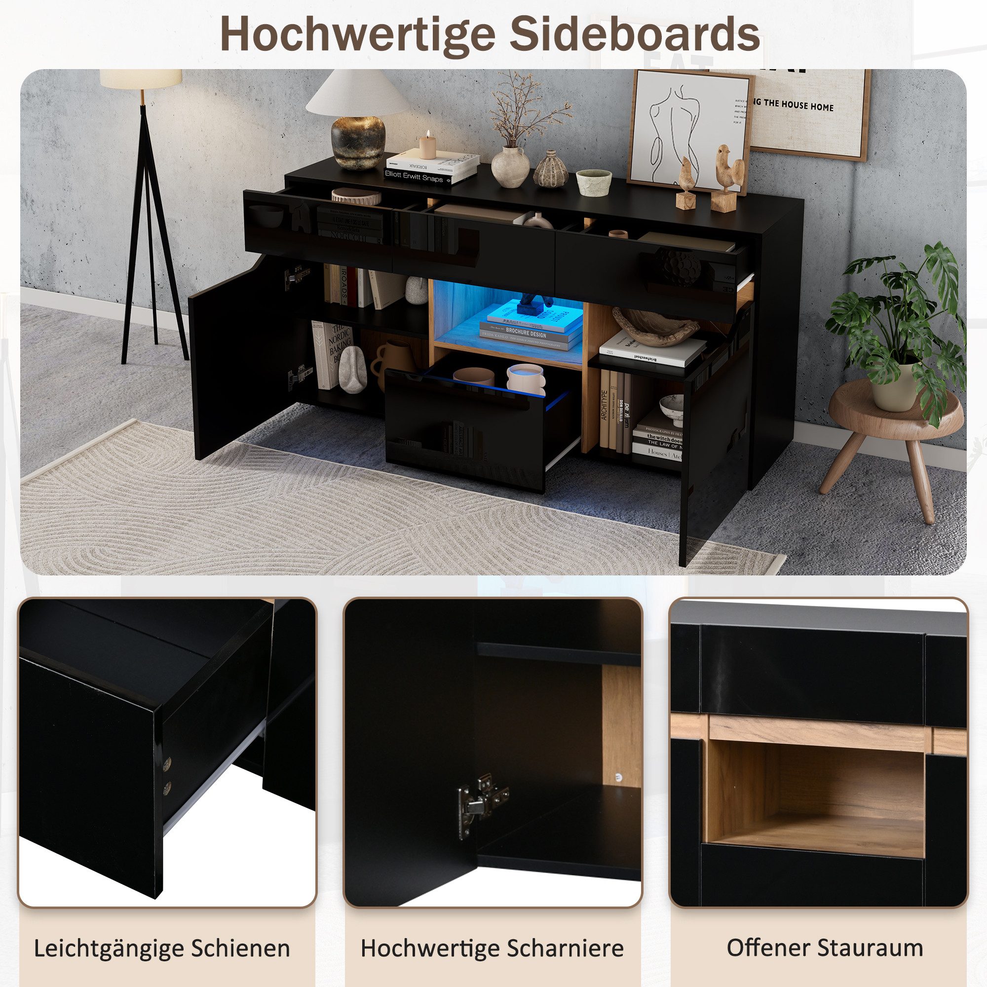 STILVORA Sideboard mit Schubladen Aufbewahrungsschrank mit zwei Fächern breite grifflose (Wohnzimmeranricht mit Vielfältige Aufbewahrung, 1 St., Hochglanz-Sofa-Schrank mit LED-Beleuchtung), vielseitig einsetzbar, Schwarz+Holzfarbe