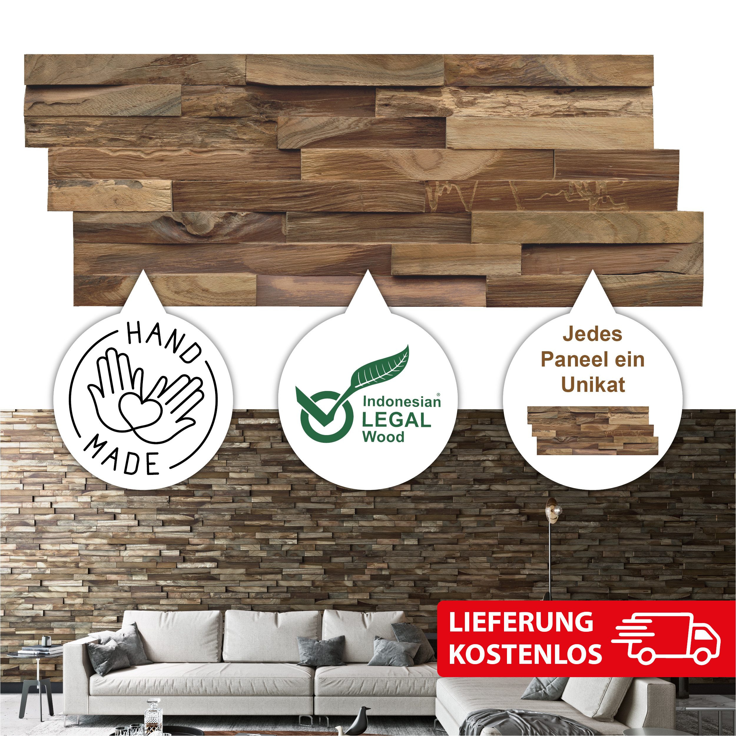 INDO 3D Wandpaneel Teak Elegance, BxL: 20,00x50,00 cm, 0,10 qm, (Packung, V günstig online kaufen