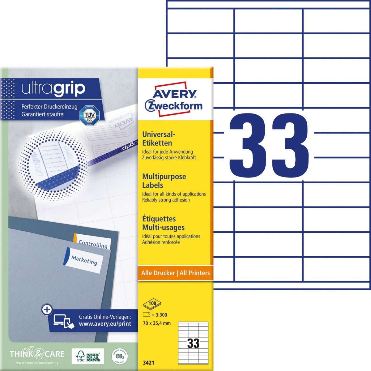Avery Zweckform Etiketten Universal-Etiketten ultragrip 70x25,4 mm VE=3.300 Etiketten / 100 Boge