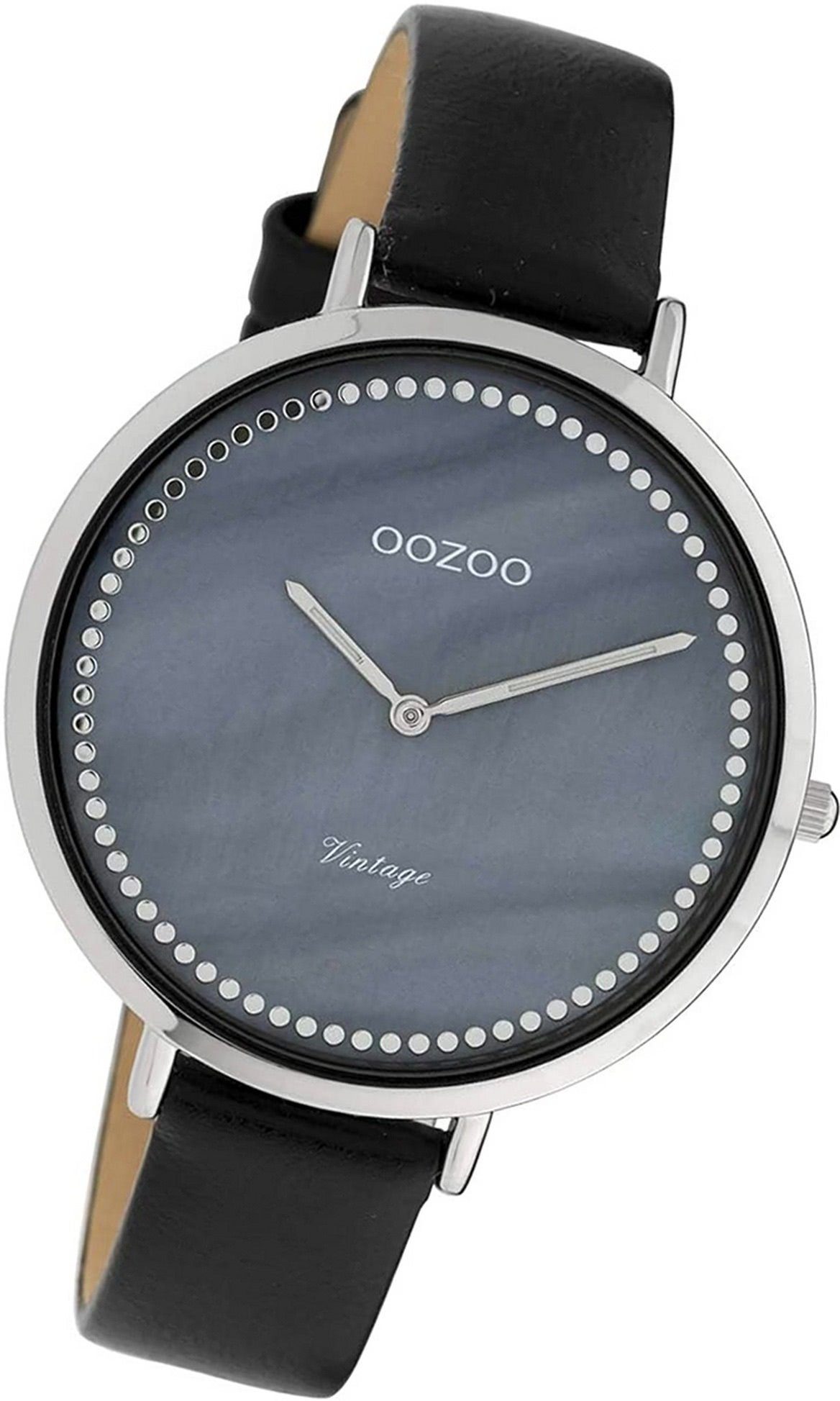 OOZOO Quarzuhr Oozoo Leder Damen Uhr C9853 Quarzuhr, Damenuhr Lederarmband schwarz, rundes Gehäuse, groß (ca. 40mm)