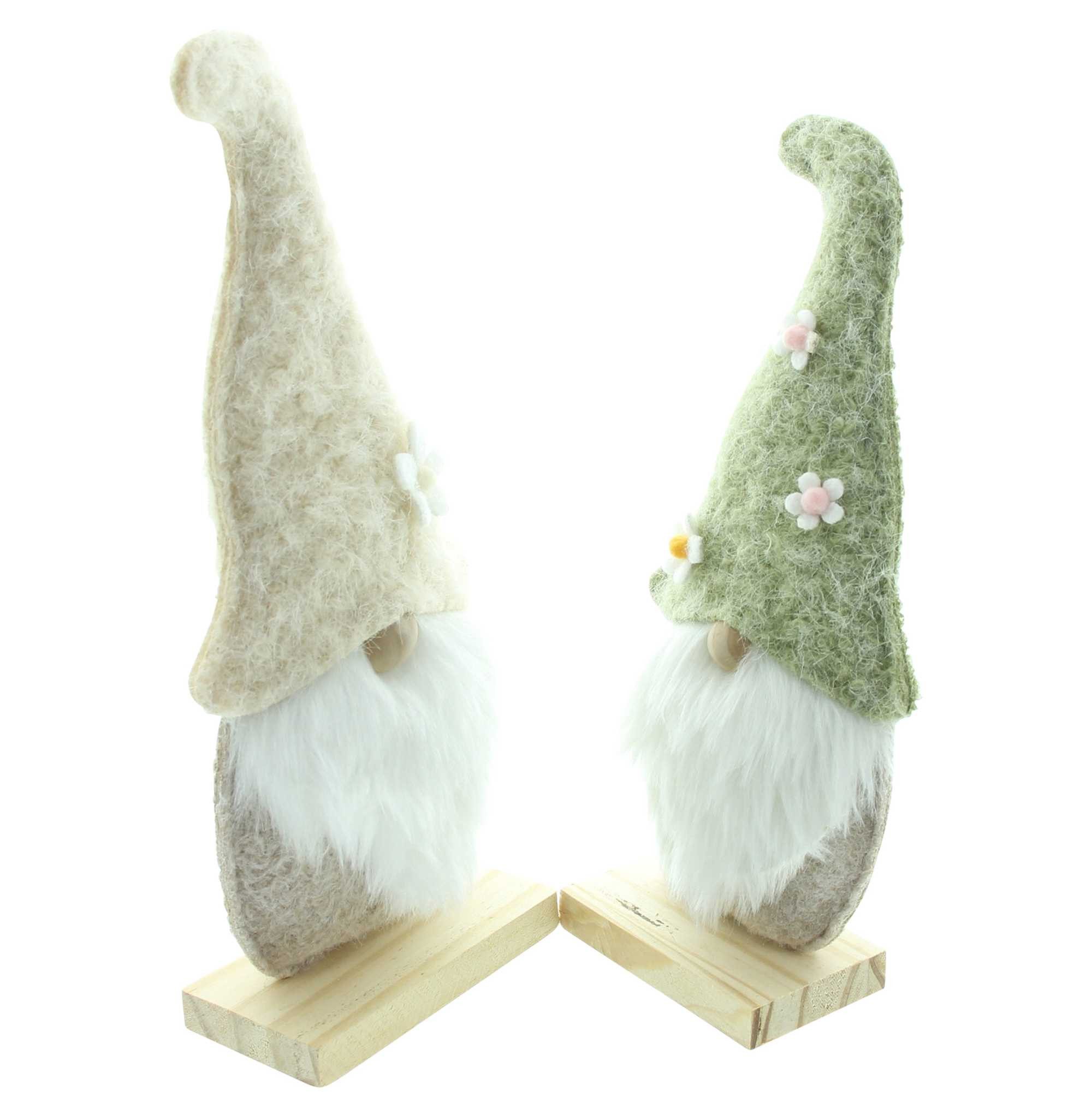 Dekoleidenschaft Wichtel "Blumenmütze" aus Filz 28 + 30 cm hoch, Holz Sockel, Dekofiguren (2 St., im Set), Dekowichtel aus recyceltem PET für Wohnzimmer