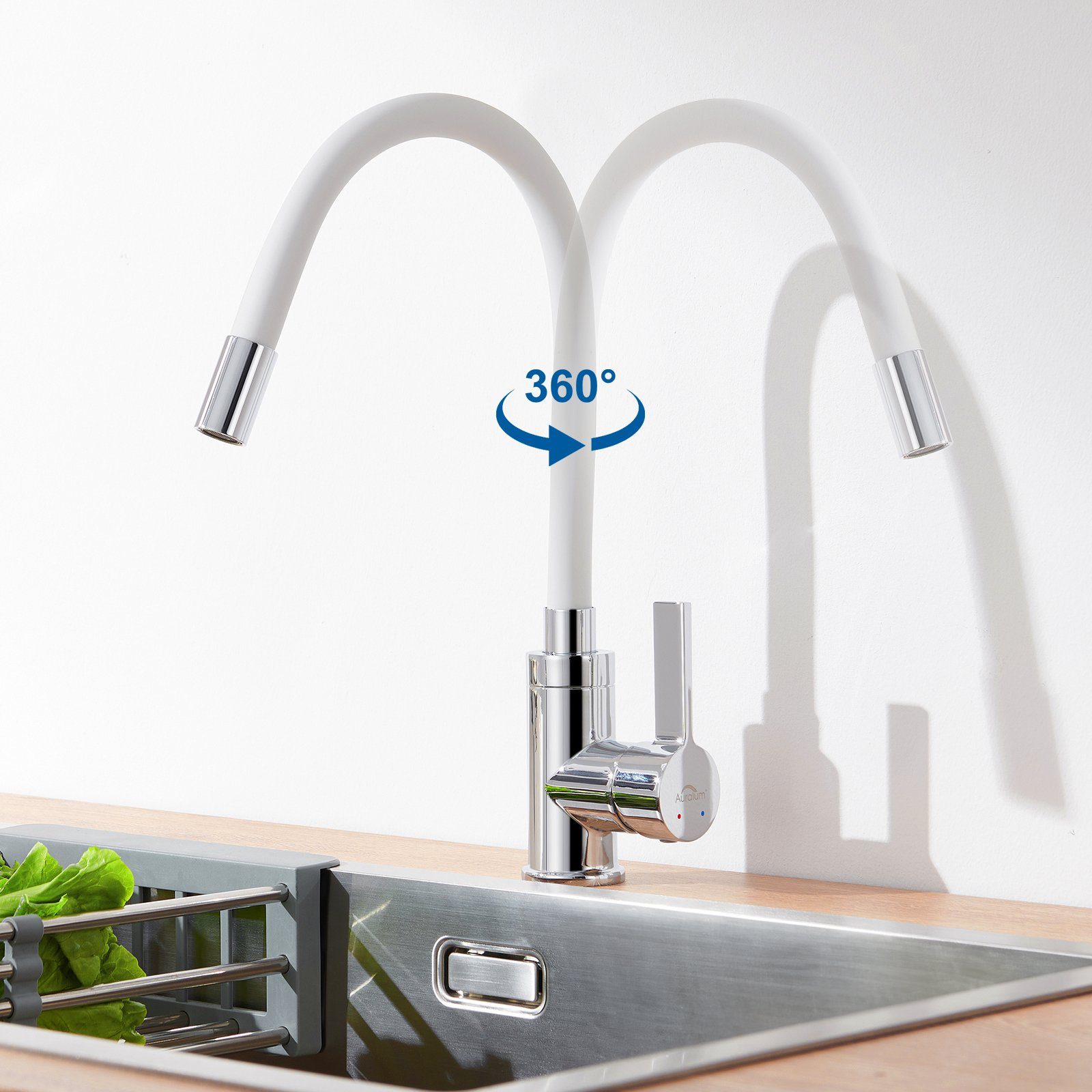 Küche weiß Flexibel Wasserhahn Küchenarmatur Drenbar mit Spültischarmatur Auralum Edelstahl Einhebelmischer,360° Auslauf aus