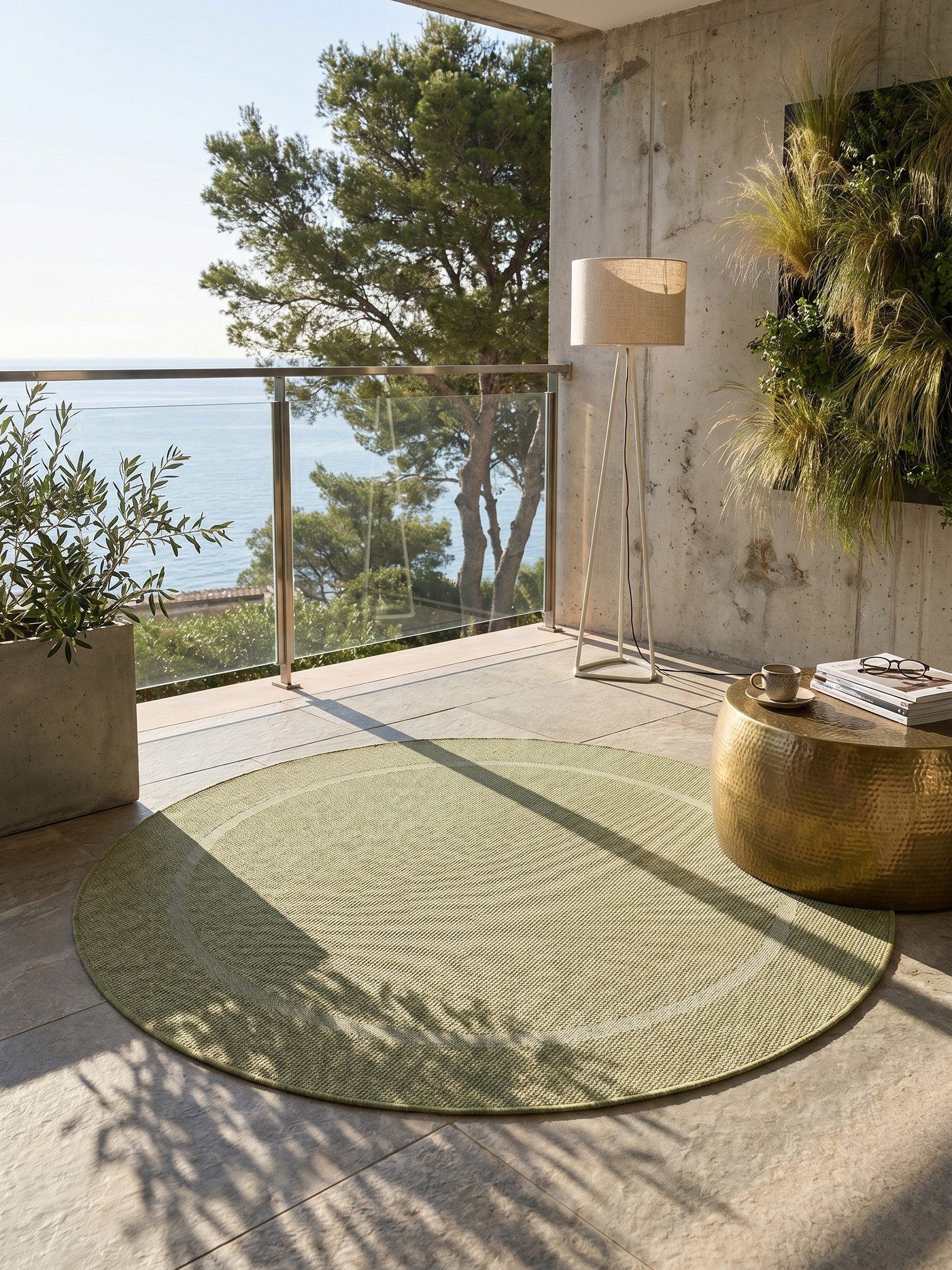 KADIMA DESIGN Outdoorteppich ALSTER Wetterfest UV-Beständig Balkon Waschbar Strapazierfähig Uni, Rund, Höhe: 3 mm, Grün, 120x120 cm, Balkonteppich Fußbodenheizung Waschbar