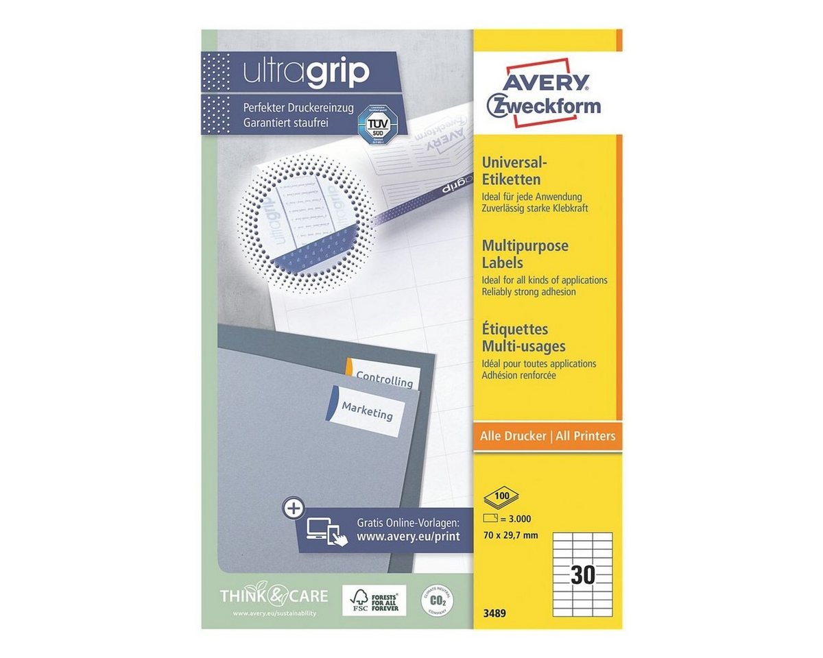 Thumbnail - Avery Zweckform Etiketten 3489, 3000 Stück, Adresse universal (70x29,7 mm), selbstklebend