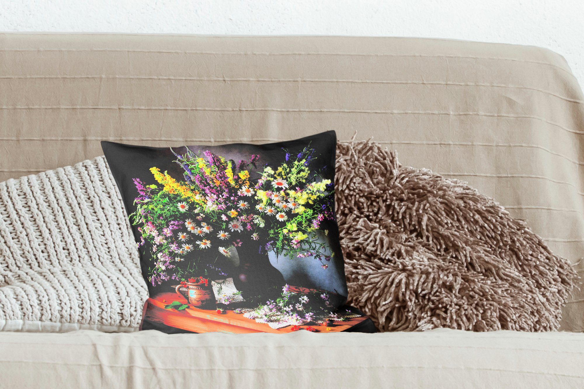 Vase, Schlafzimmer, - Tisch Wohzimmer, Deko, - Stilleben - MuchoWow - für Blumen Blumenstrauß Sofakissen Zierkissen Füllung mit Dekokissen