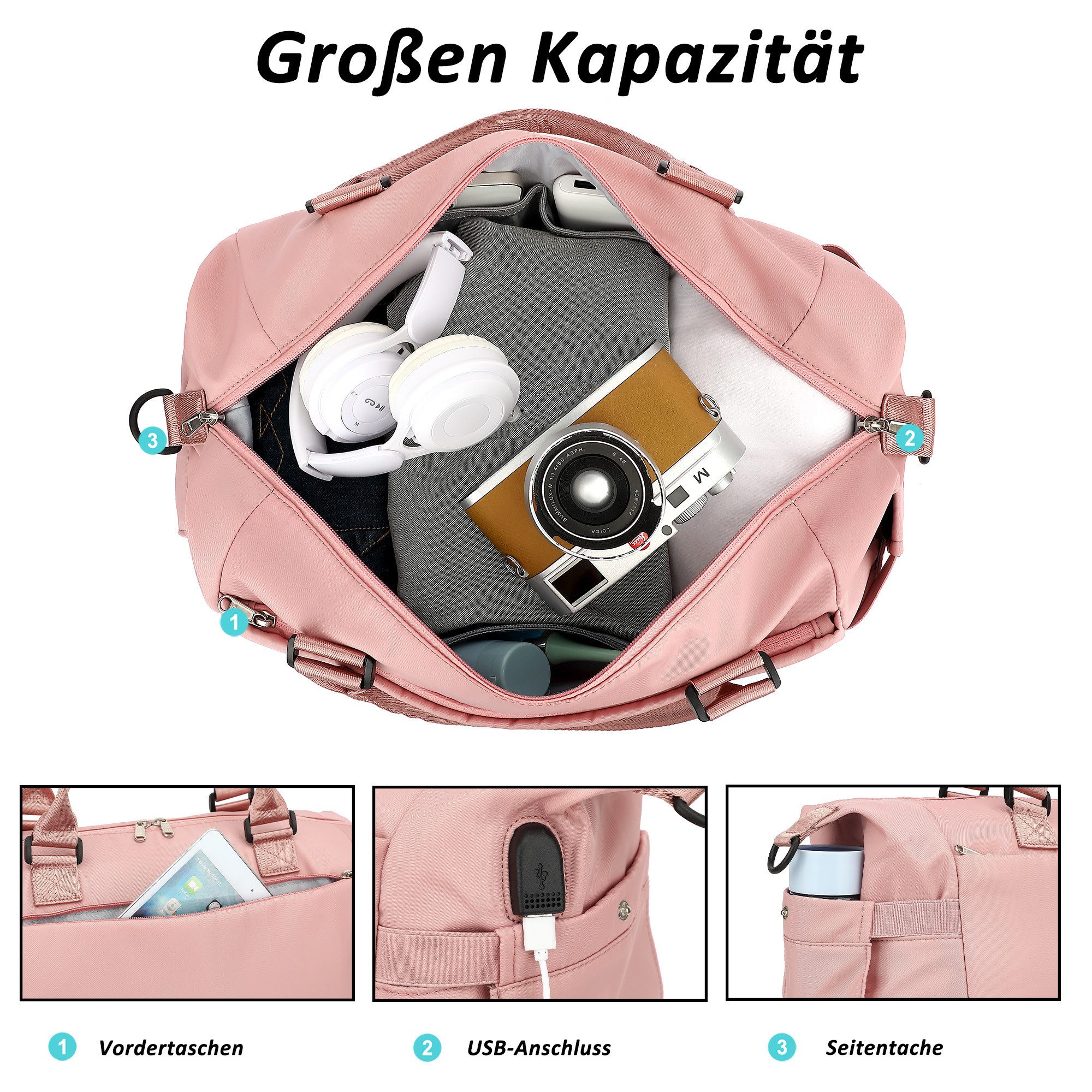 TAN.TOMI Reisetasche Wasserdichter Flugbegleiter Reise-Seesack - Tragetasche (Erweiterbar mit Trolley-Ärmel und Nasstasche), Sporttasche Wochenendtasche - Krankenhaus-Tasche