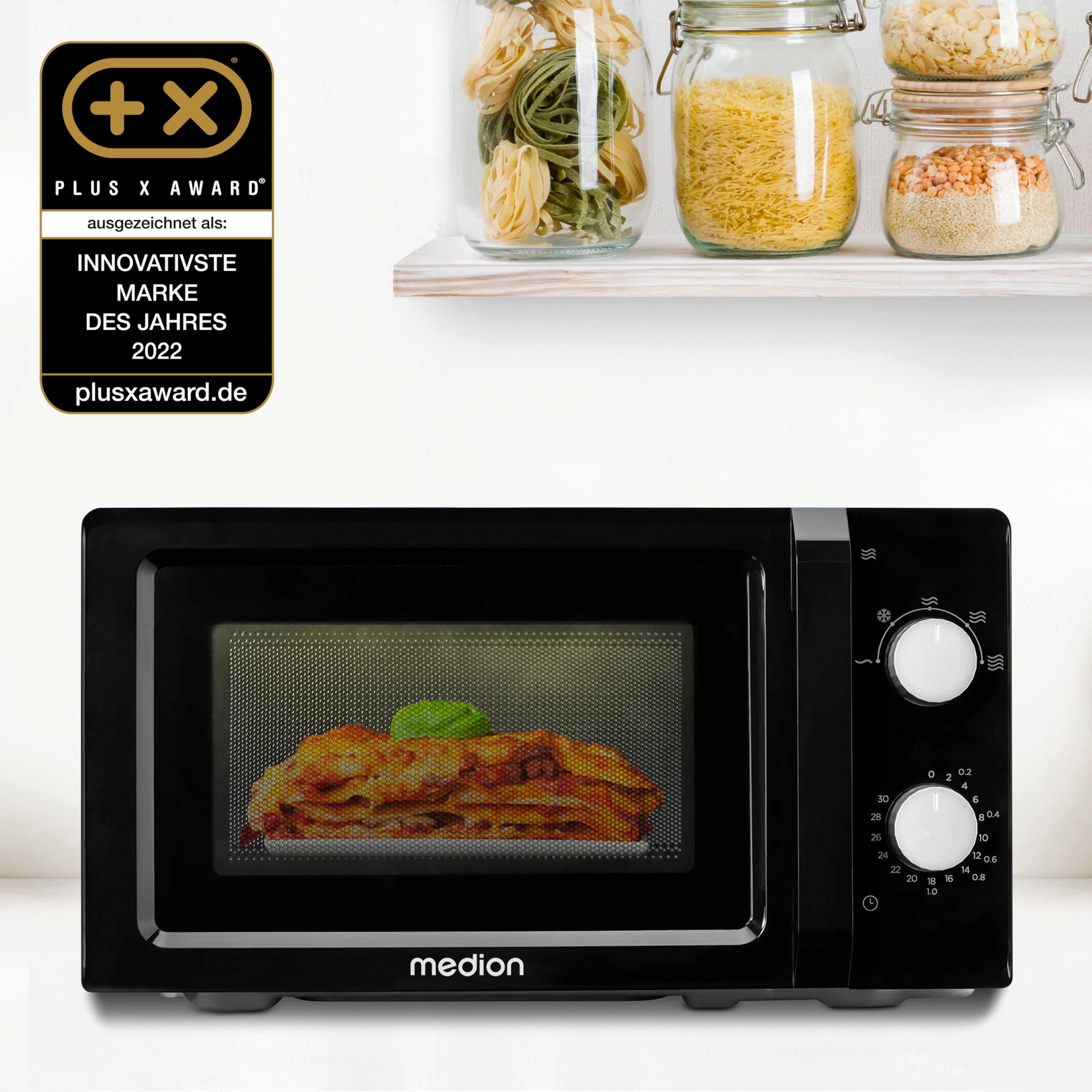 Medion® Mikrowelle MD11475, Mikrowelle, 20 l, Timerfunktion, Metallgehäuse, Innenbeleuchtung, klein