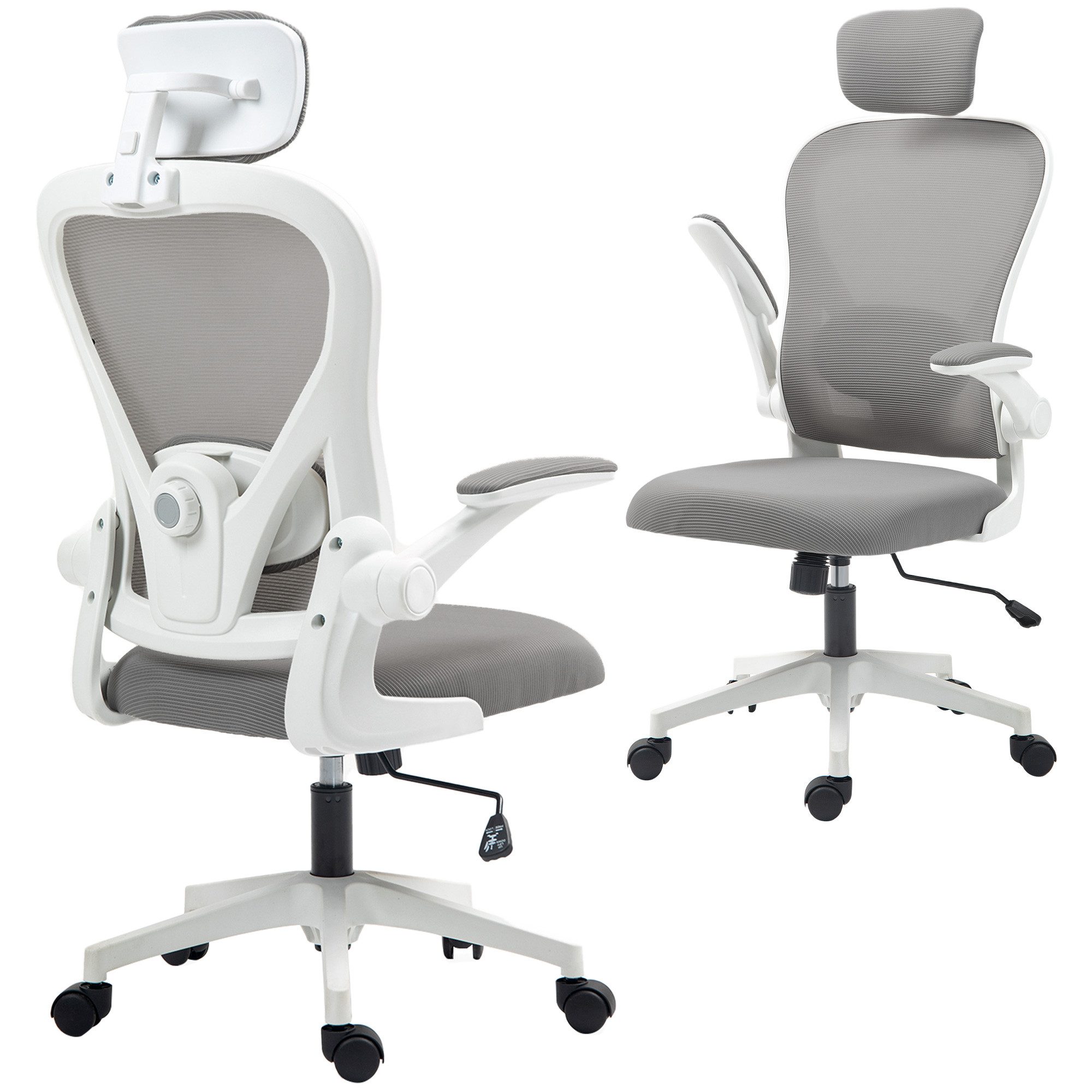 HOMCOM Bürostuhl Ergonomischer Schreibtischstuhl mit Hochklappbaren Armlehnen (Höhenverstellbarer Drehstuhl, 1 St), mit Wippfunktion, Netzbespannung Grau – Bild 2 von 5