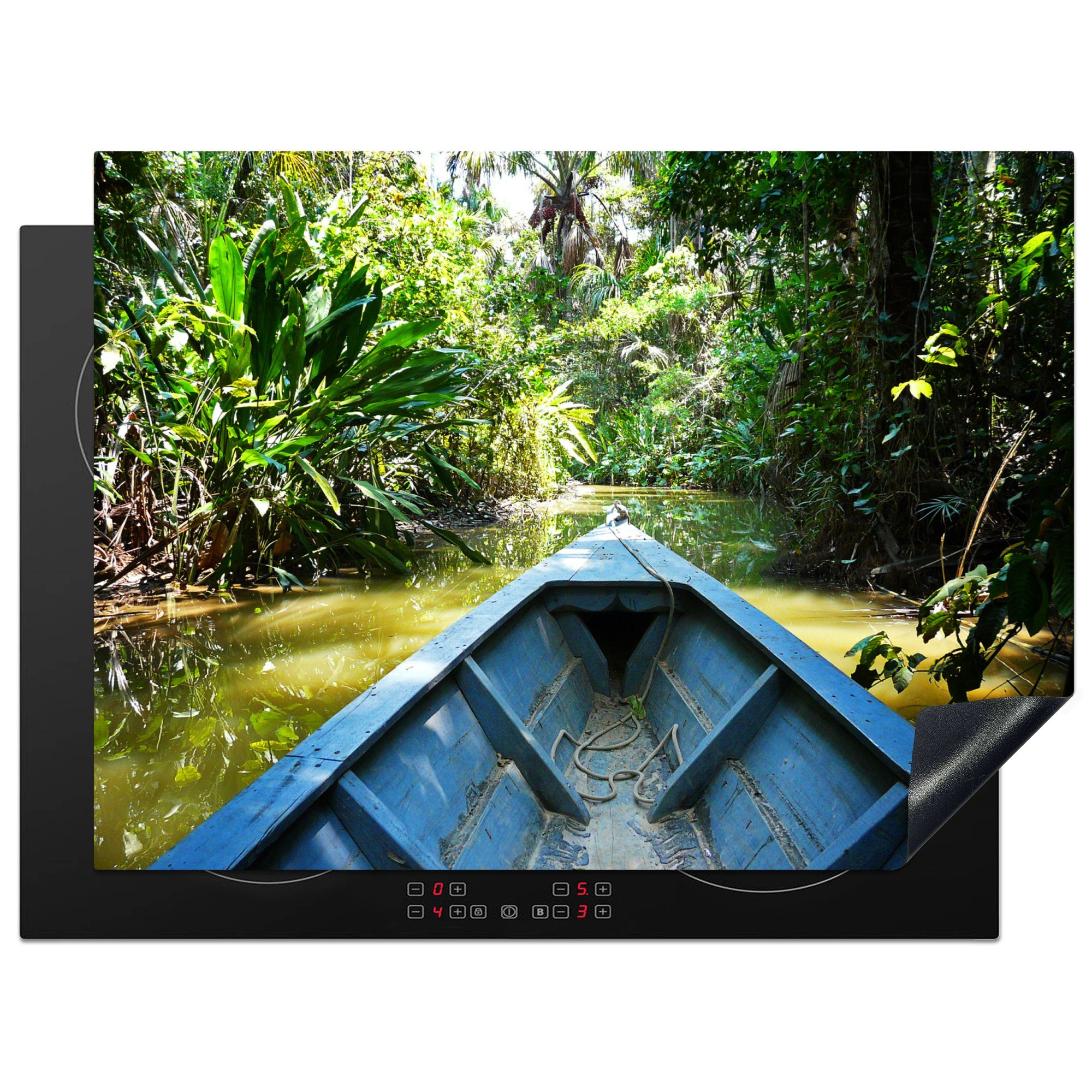 MuchoWow Herdblende-/Abdeckplatte Boot auf dem Amazonas, Vinyl, (1 tlg), 70x52 cm, Mobile Arbeitsfläche nutzbar, Ceranfeldabdeckung