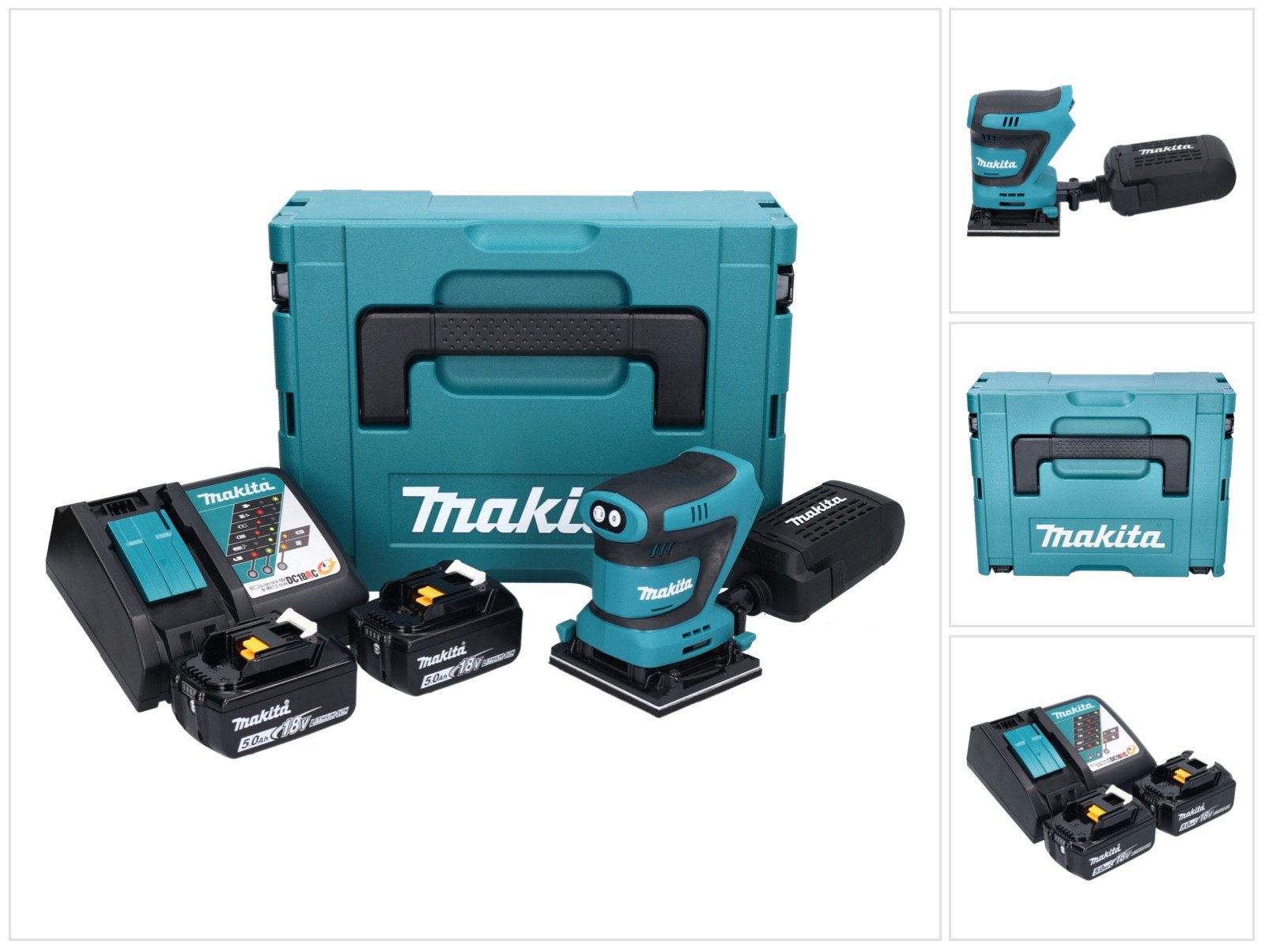 Makita Akku-Schwingschleifer DBO 480 RTJ 18 V 112 x 102 mm + 2x Akku 5,0 Ah + Ladegerät + Makpac