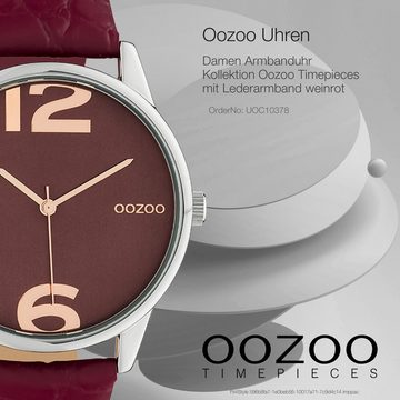 OOZOO Quarzuhr Oozoo Damen Armbanduhr Timepieces Analog, (Analoguhr), Damenuhr rund, groß (ca. 40mm), Lederarmband weinrot, Fashion