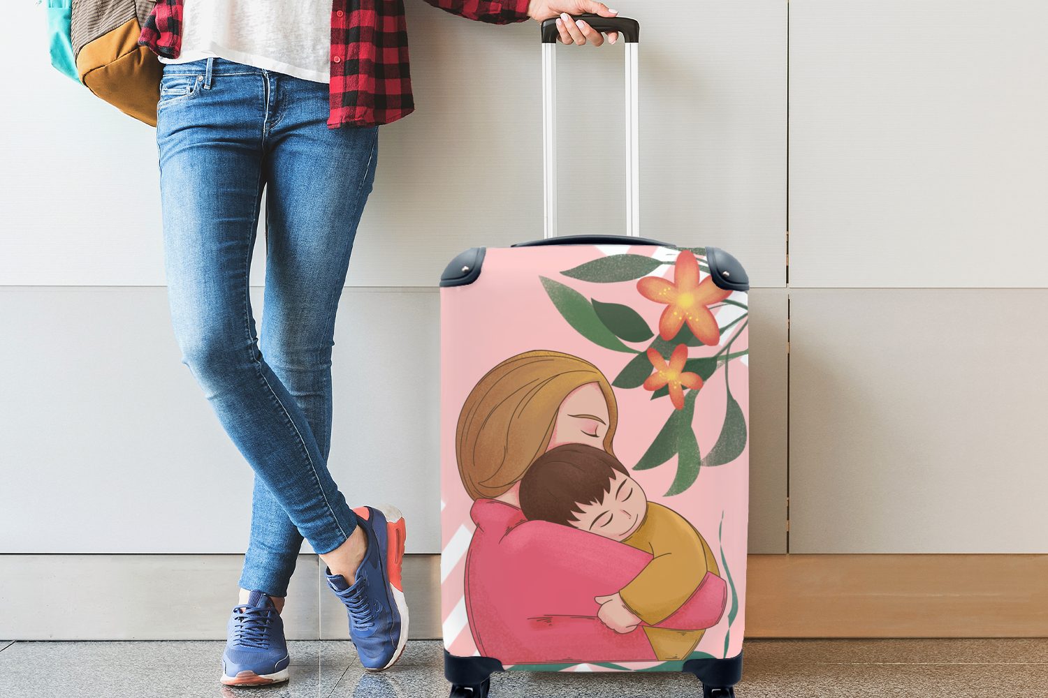 MuchoWow Illustration umarmen, Handgepäck Trolley, Reisetasche 4 Rollen, Handgepäckkoffer rollen, Muttertag Reisekoffer für Ferien, mit