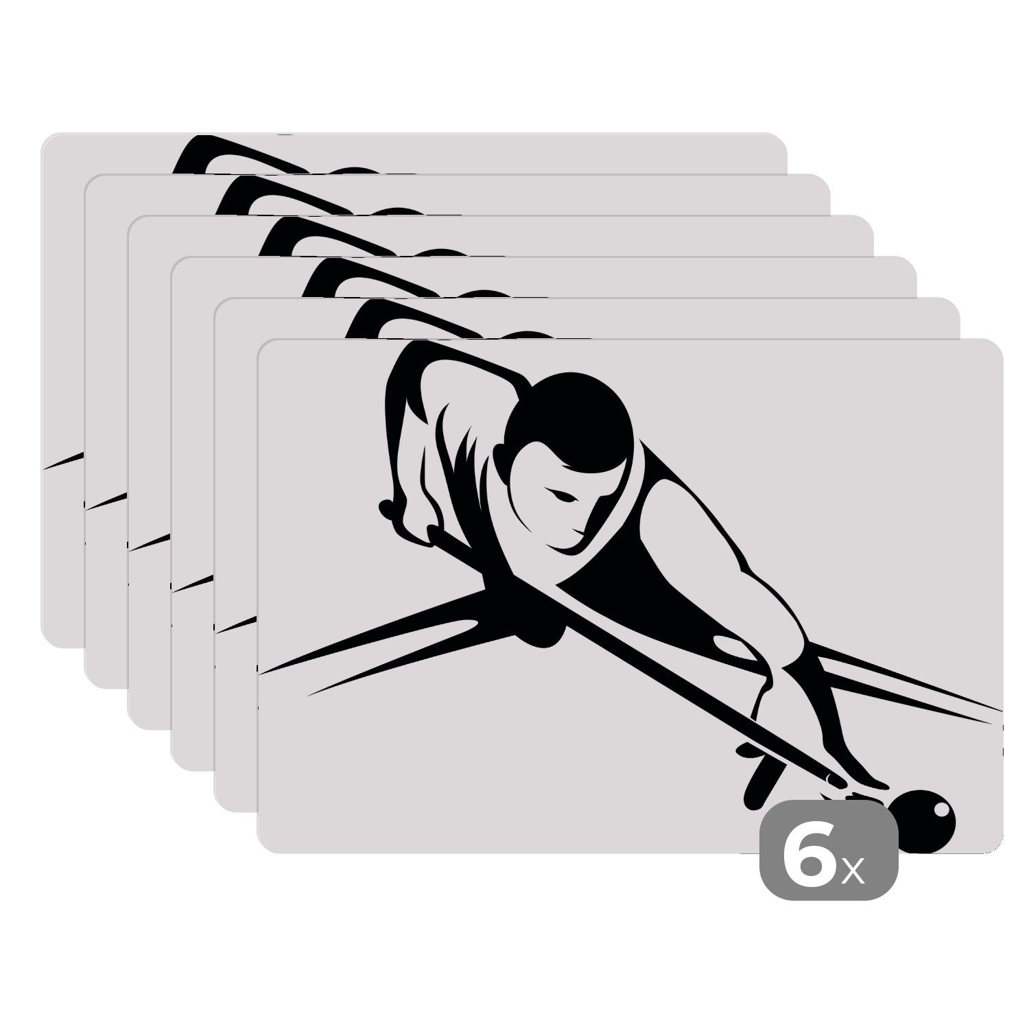 Platzset, Eine Schwarz-Weiß-Illustration eines Mannes, der Billard spielt, MuchoWow, (6-St), Platzset, Platzdecken, Platzmatte, Tischmatten, Schmutzabweisend