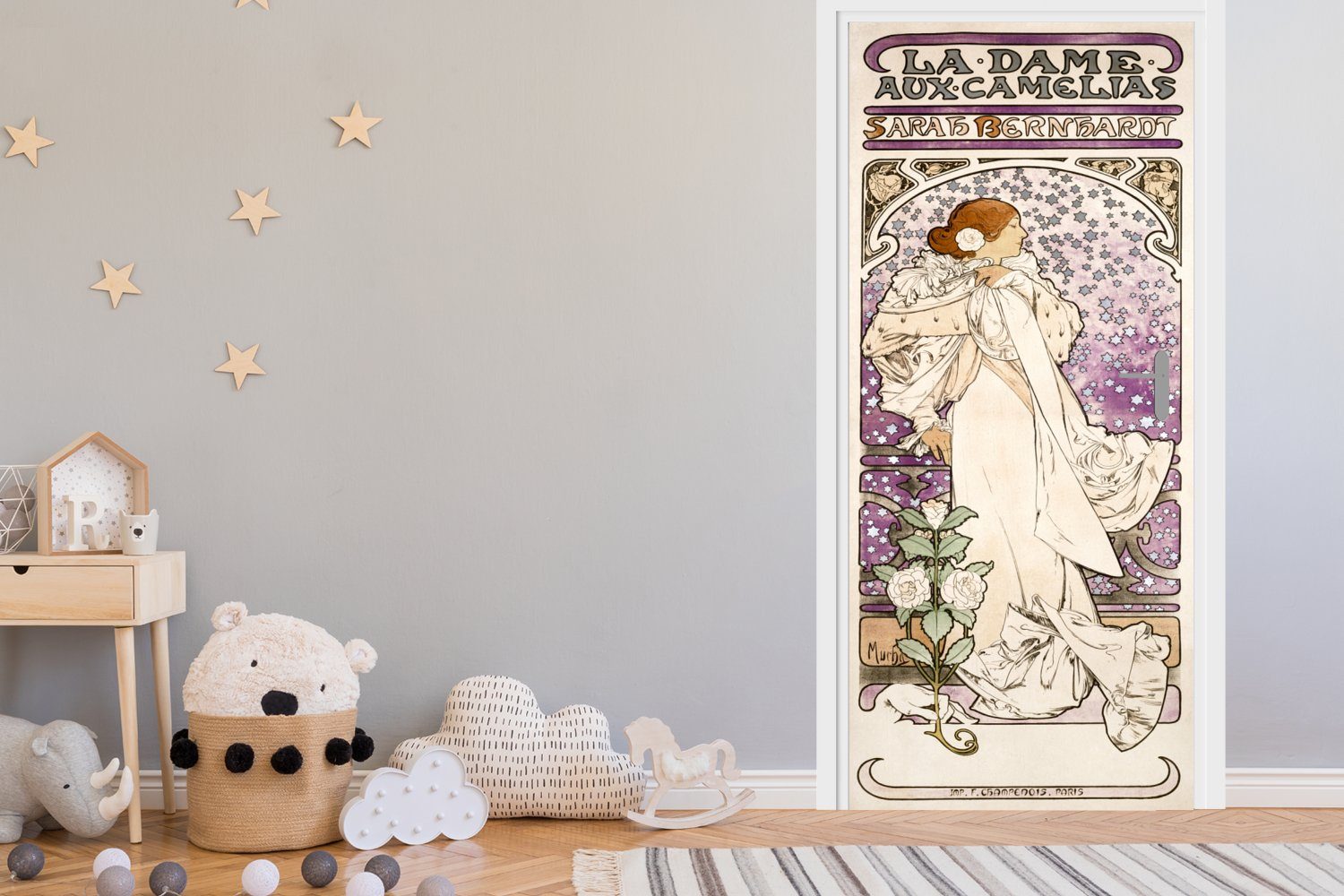 MuchoWow Türtapete Frau - Jugendstil - Pastell, Matt, bedruckt, (1 St), Selbstklebende Tapete, Folie für Möbel, 75x205 cm