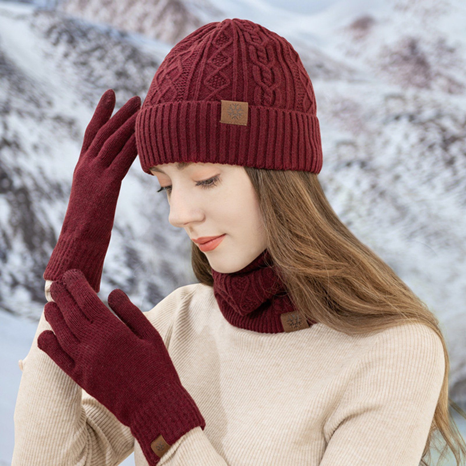 3 Handschuhe Strickmütze Strick und In 1 Mütze Beanie Geschenkset) Rotwein Herren Schlauchschal Set Cap elastische Unisex Rutaqian Touchscreen (Ultraweiche Damen Neck Warmer, Warme Verdickung