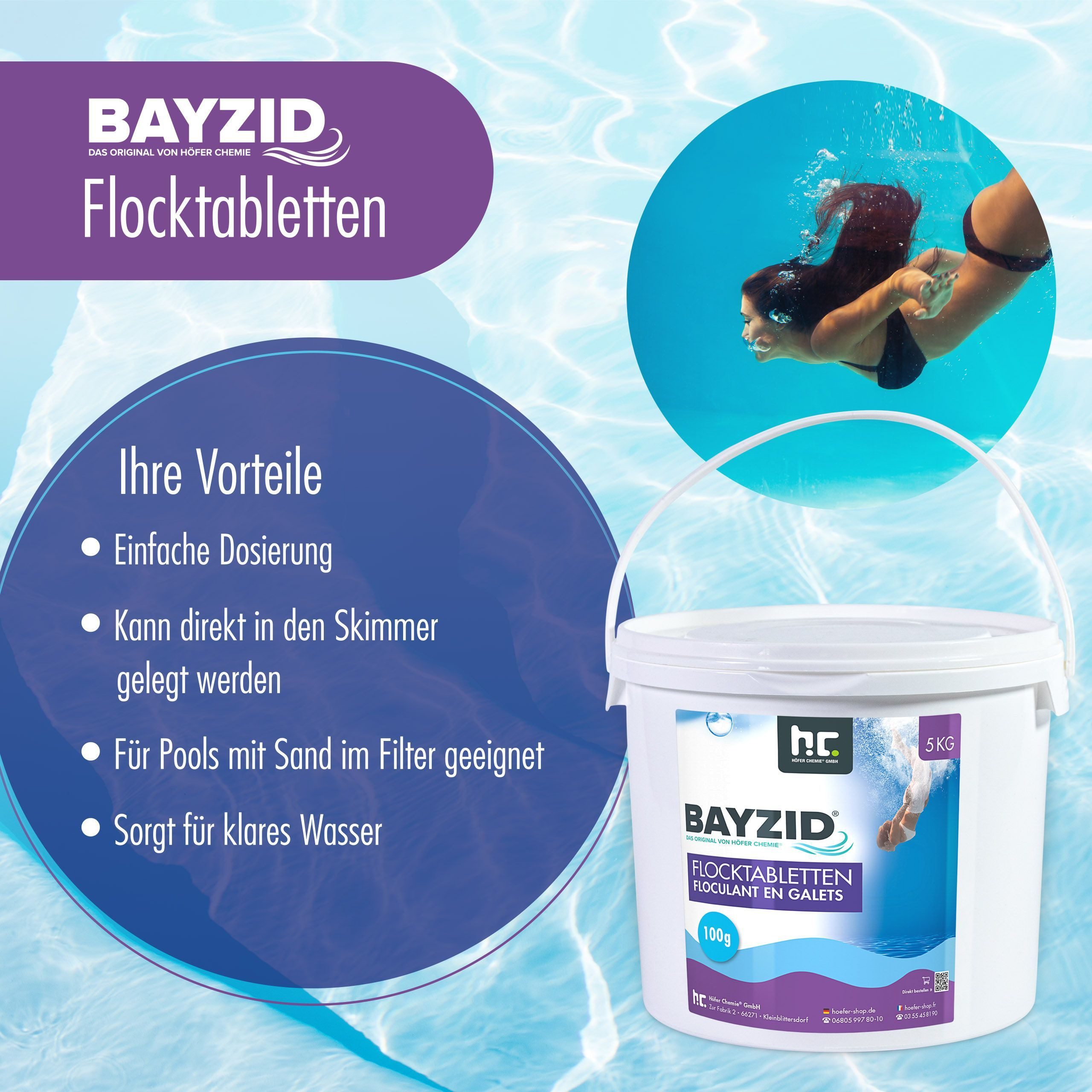 Höfer Chemie GmbH Poolpflege 5 kg BAYZID® Flocktabletten für Pools, Klares Wasser durch Bindung feinster Partikel