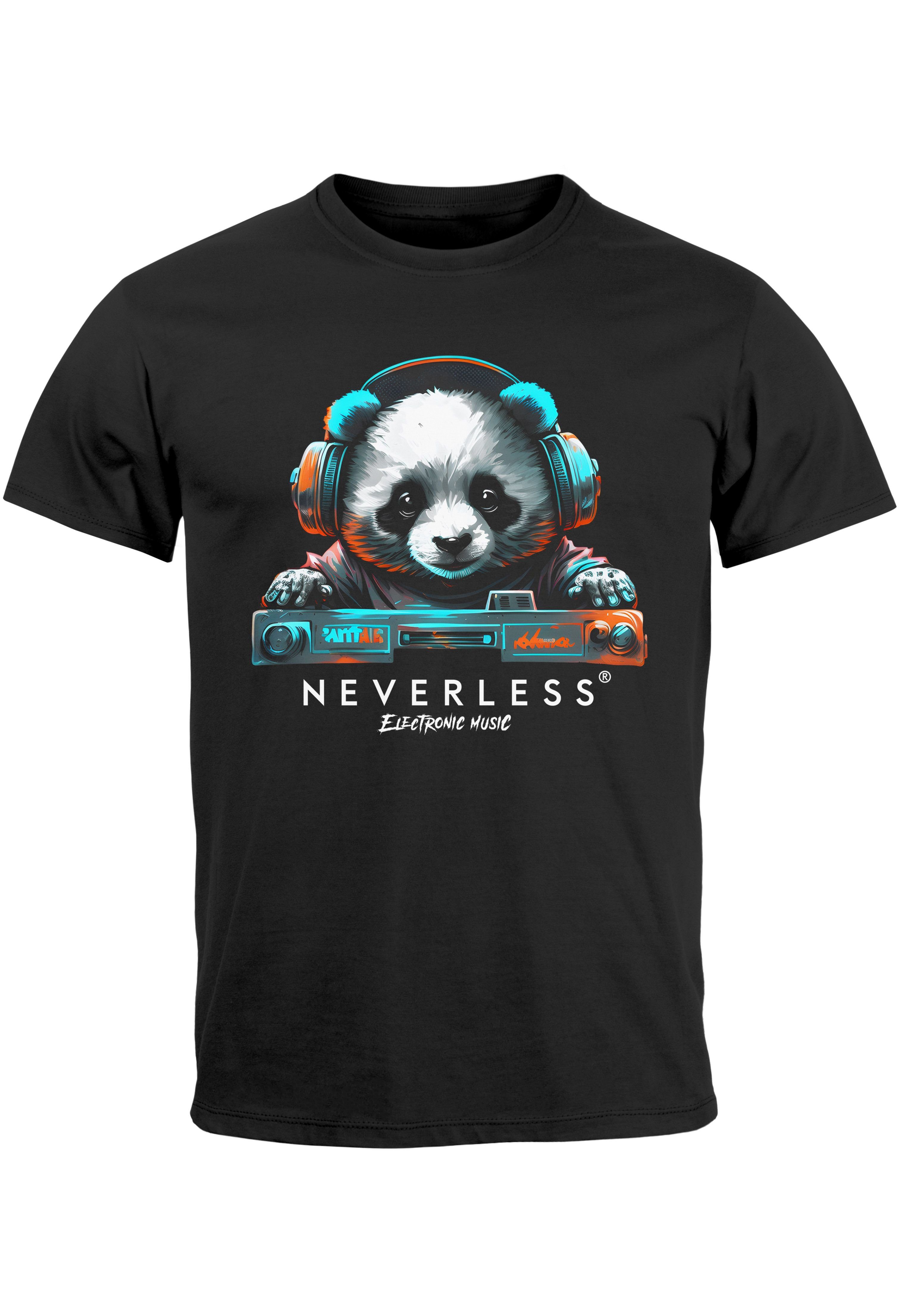 Neverless Print-Shirt Herren T-Shirt Panda Bär Aufdruck Tiermotiv Musik Techo Print Fashion mit Print schwarz