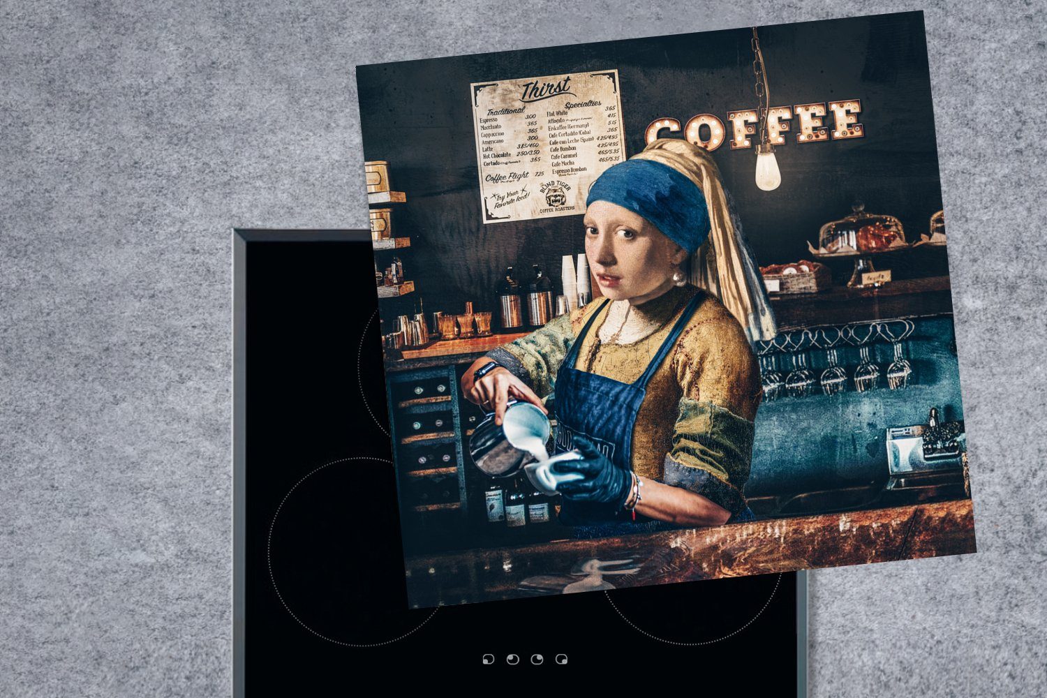 tlg), MuchoWow Kaffee cm, 78x78 Vinyl, Arbeitsplatte Perlenohrring küche - Vermeer mit (1 Ceranfeldabdeckung, Barista Mädchen für Cappuccino - - Herdblende-/Abdeckplatte -, -