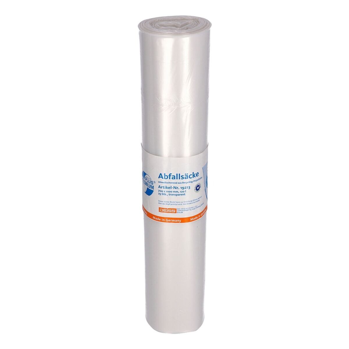 Deiss Müllbeutel PREMIUM PLUS ®, 120 Liter, 25 Stück/Rolle, transparent