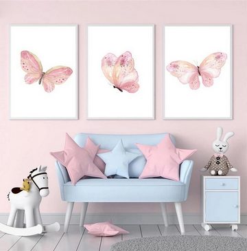 TPFLiving Kunstdruck (OHNE RAHMEN) Poster - Leinwand - Wandbild, Rosa Schmetterlinge für Kinderzimmer - Auch im 3er Set (Mädchenzimmer, Babyzimmer, Jungenzimmer, Kindergarten), Farben: Pastel, pink, rosa, weiß - Größe: 10x15cm