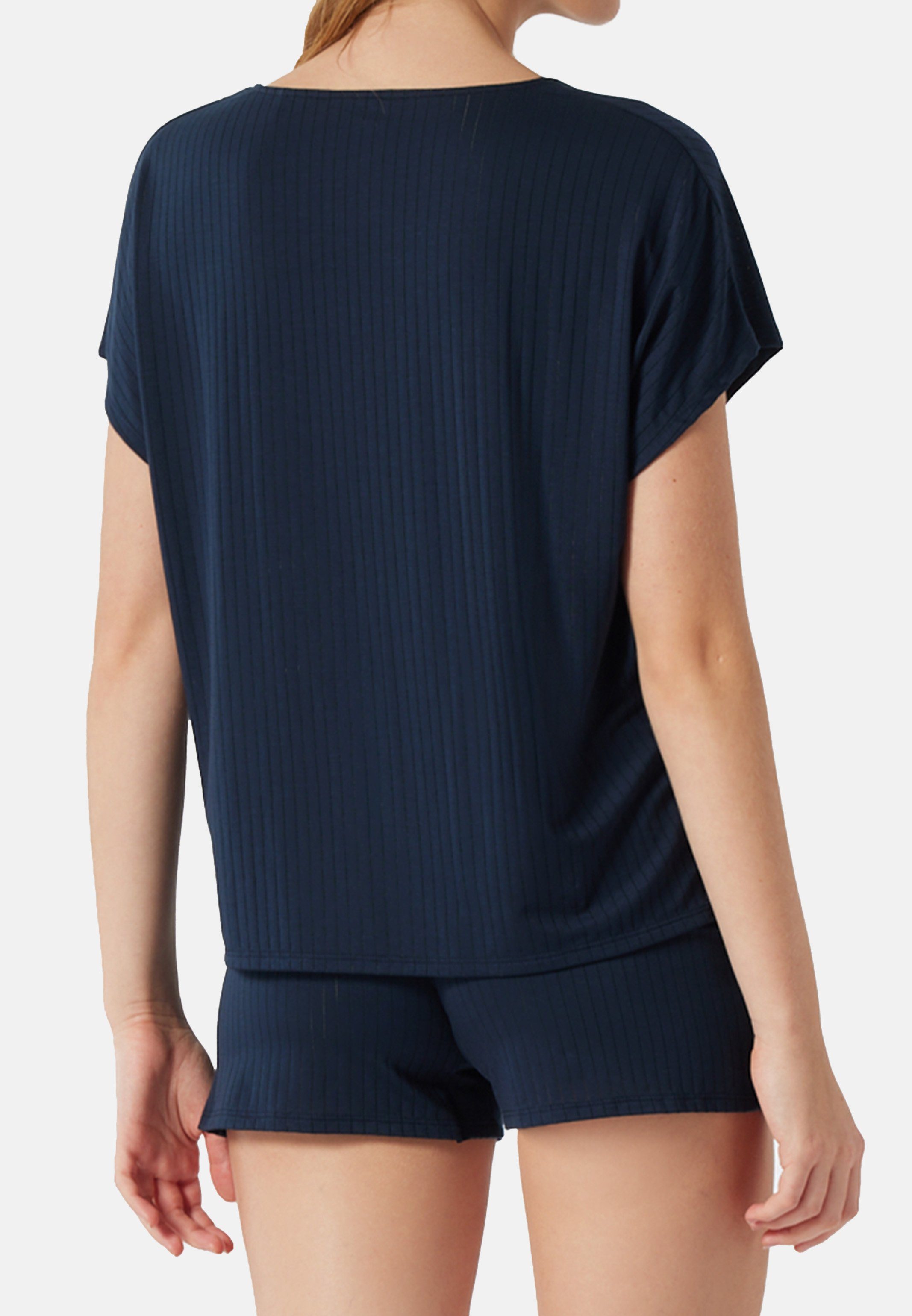 Schlafanzug Schiesser - (Set, Selected Fledermausärmeln Kurz Pyjama Dunkelblau mit 2 tlg) Oversized-Shirt Premium