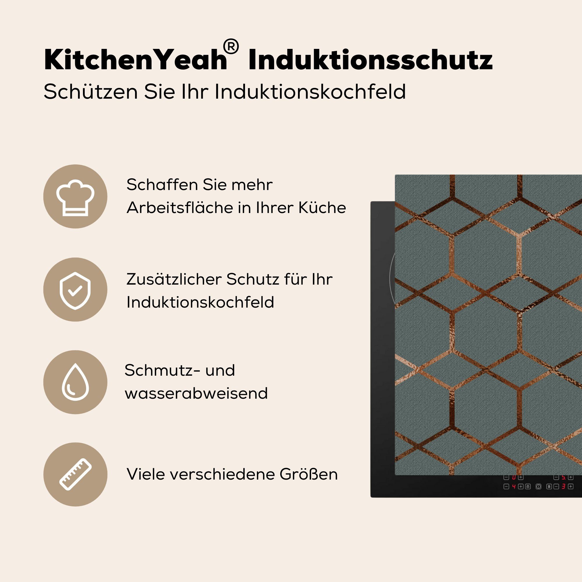 MuchoWow Herdblende-/Abdeckplatte Muster - Vinyl, - Bronze, (1 Ceranfeldabdeckung, Luxus Blau 78x78 küche cm, Arbeitsplatte tlg), - für