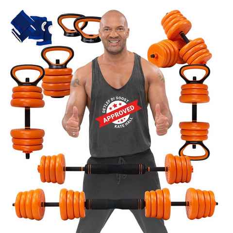 Miweba Sports Hantel-Set Premium FED 8in1 Hantel Set - 20/30 kg, (2,5-20 kg - Kurzhanteln Langhantel Kettlebell-Set Liegestützgriffe - 2 Farben - Betonfüllung - Stahl - Krafttraining Muskelaufbau Workout), Fitnesshanteln Gewichte Fitness Training Hanteln