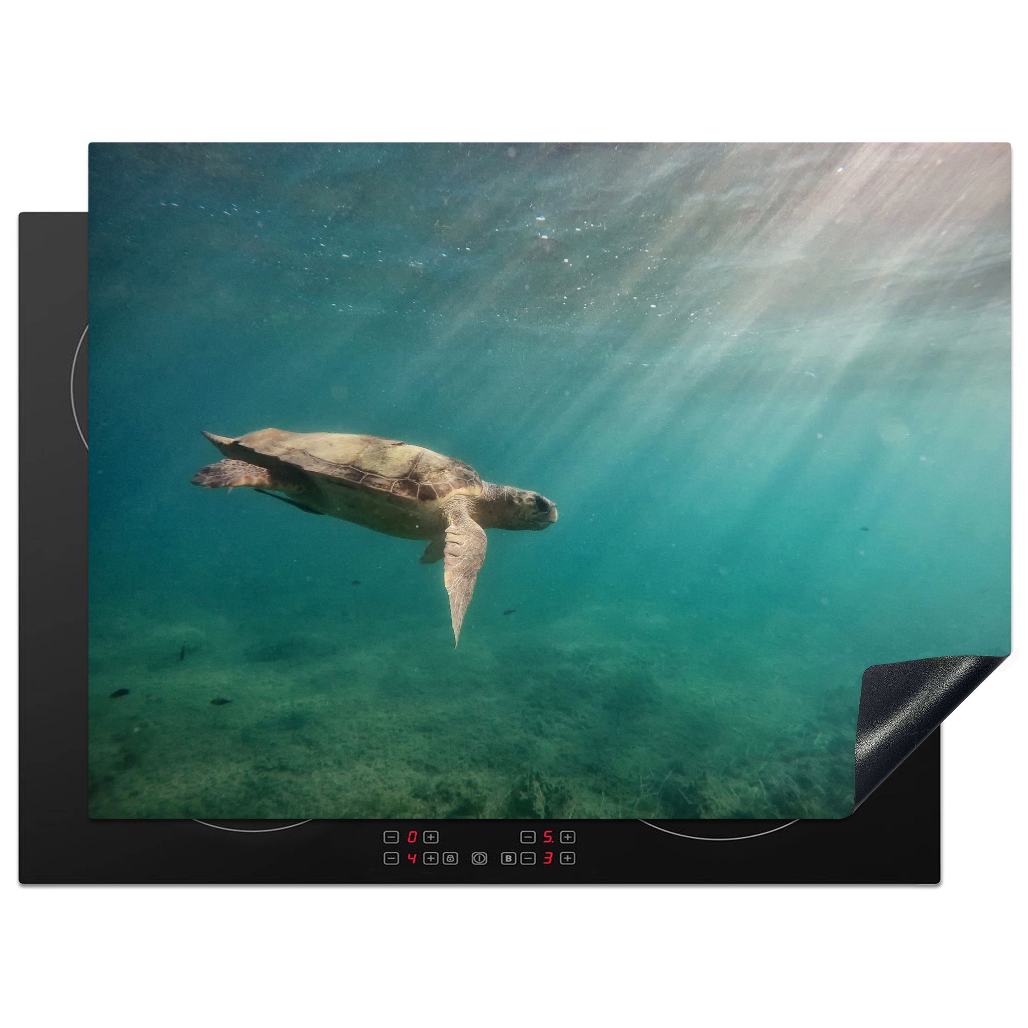 MuchoWow Herdblende-/Abdeckplatte Schildkröte im Meer 70x52 Mobile Arbeitsfläche nutzbar, tlg), Vinyl, (1 von cm, Ceranfeldabdeckung Zakynthos